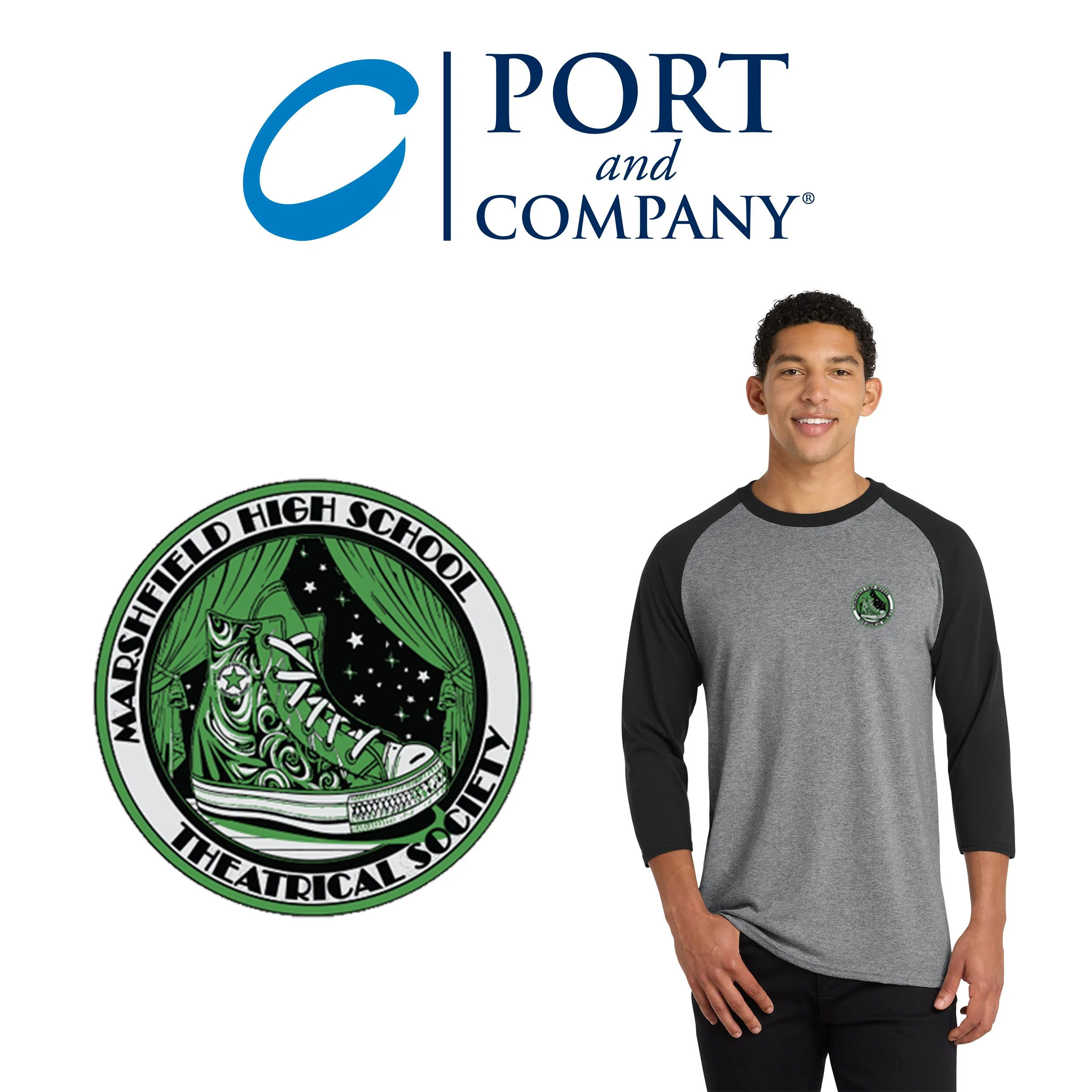 Marshfield High School Theatrical Society Port & Co™ Core Blend 3/4-Sleeve Raglan Tee, Adult Unisex/Men’s Fit, #PC55RS