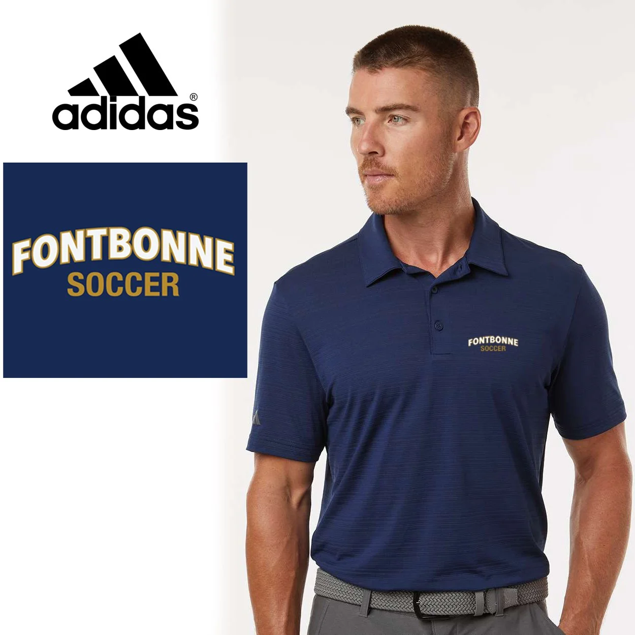 Fontbonne Academy Soccer Adidas Men's Textured Stripe Polo, Men’s/Adult Unisex Fit, #A704