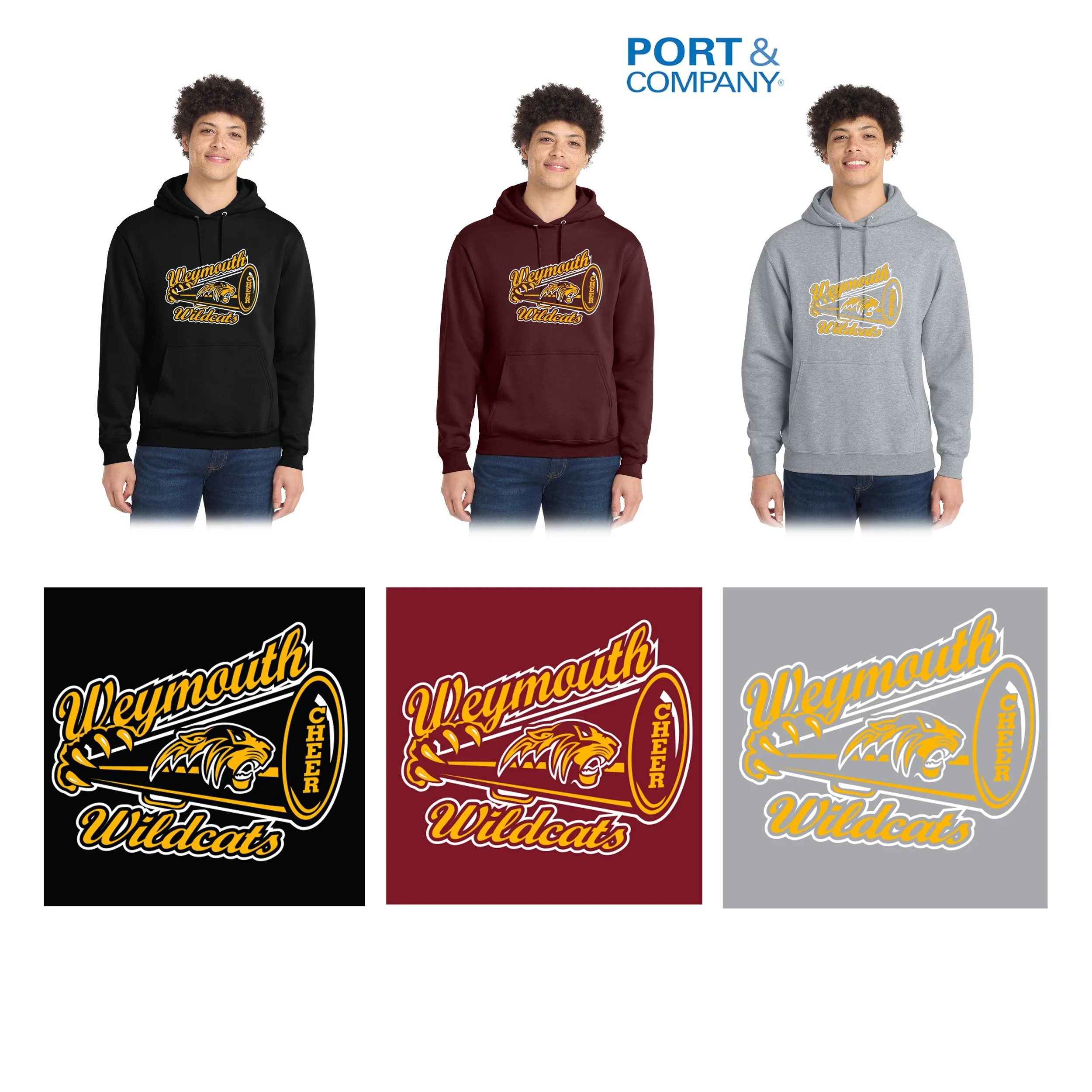 Weymouth Youth Cheer Port & Co® Core Fleece Pullover Hooded Sweatshirt, Adult unisex/Men’s Fit, #PC78H