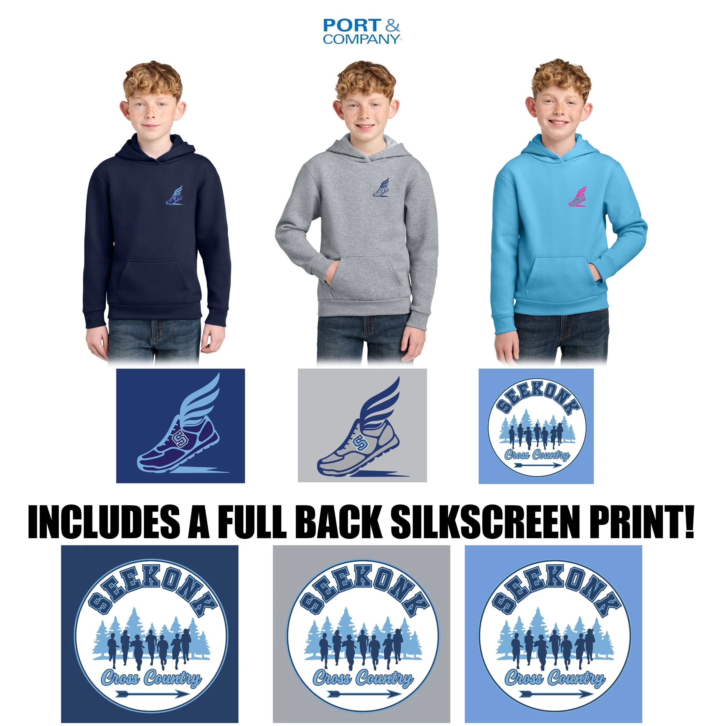 Hurley Middle School Cross Country Port & Co® Youth Easy Fleece Lighter-Weight Pullover Hooded Sweatshirt, Youth Unisex Fit, #PC68YH