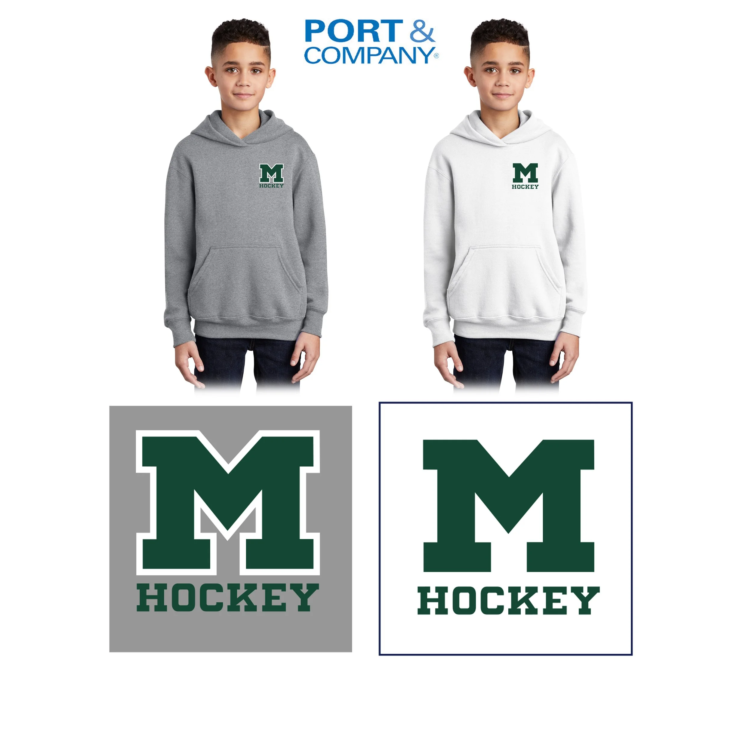 Friends Of Marshfield Hockey Port & Company® Youth Core Fleece Pullover Hooded Sweatshirt, Youth Embroidered #PC90YH