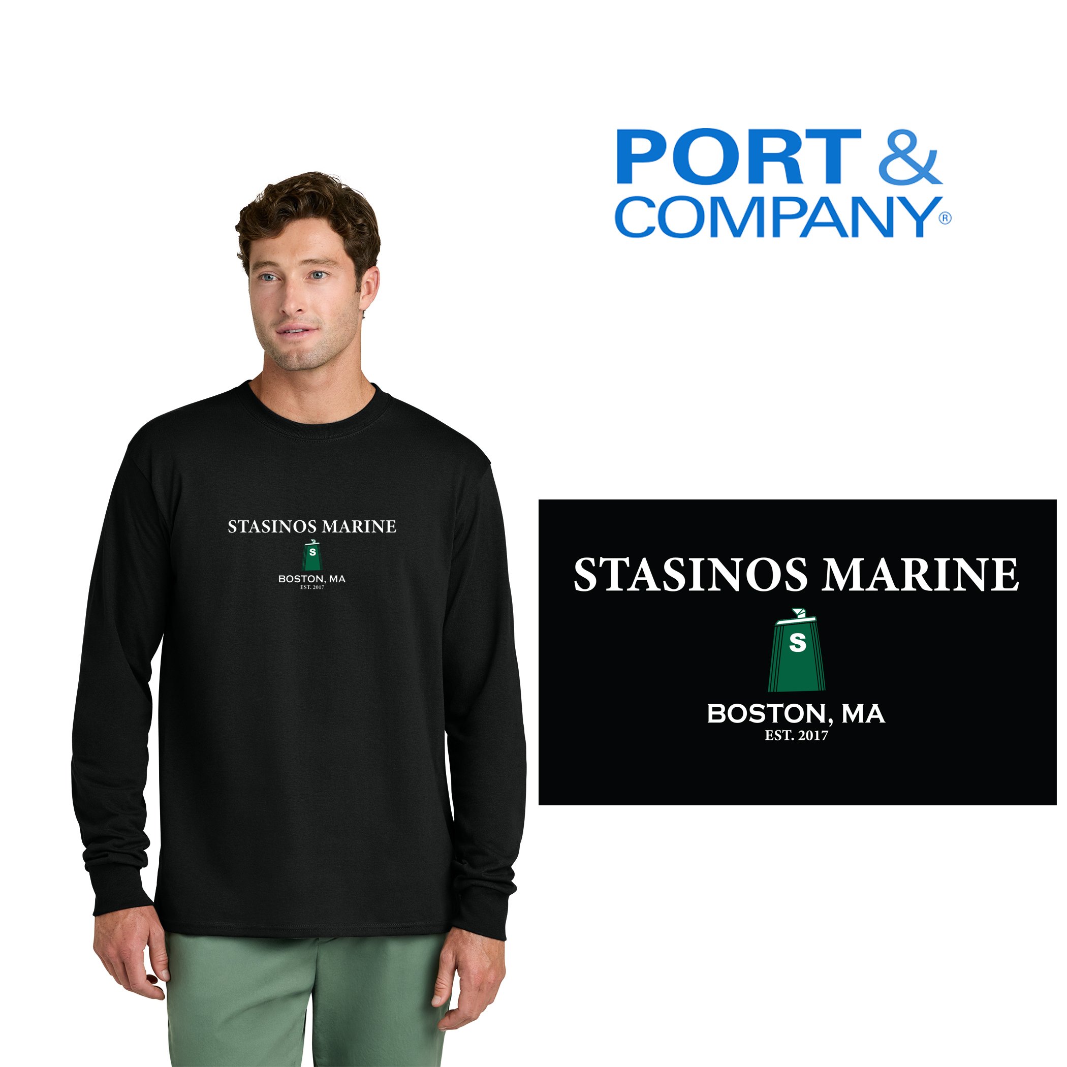 Stasinos Marine Port & Co™ Long Sleeve Core Cotton Tee, BOSTON, MA EST. 2017 Edition, Adult Unisex/Men’s Fit, #PC54LS