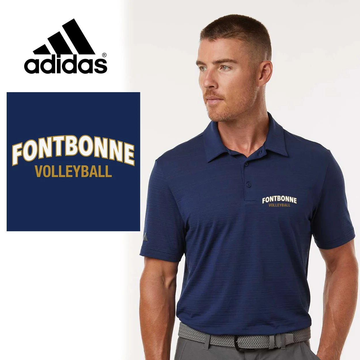 Fontbonne Academy Volleyball Adidas Men's Textured Stripe Polo, Men’s/Adult Unisex Fit, #A704