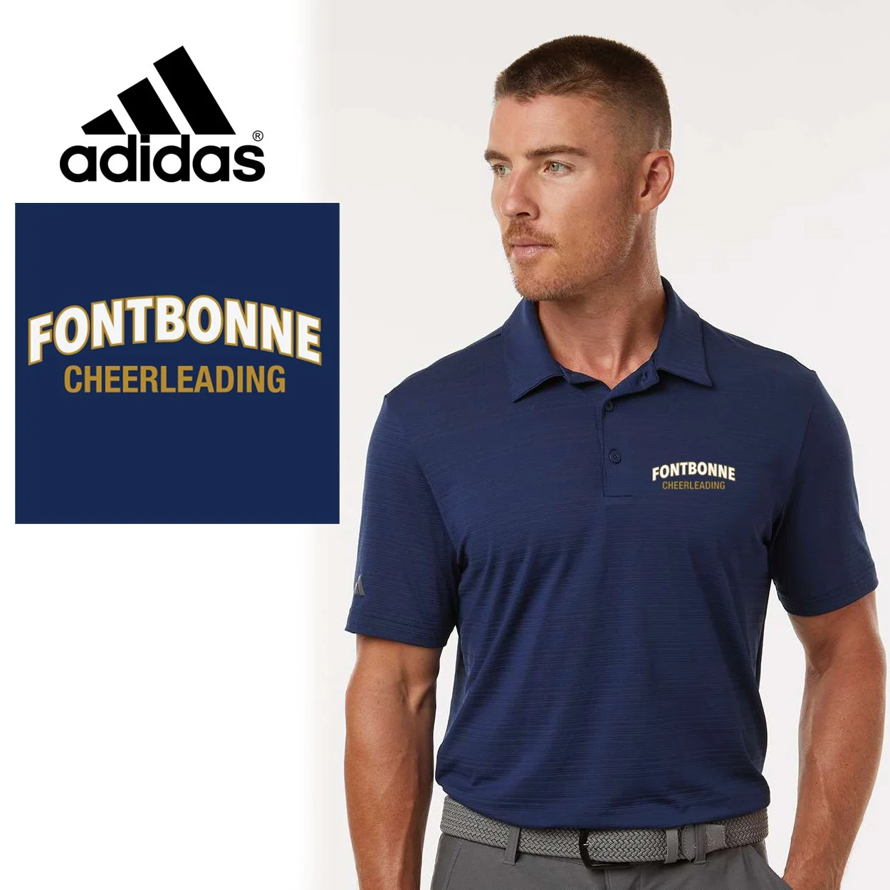 Fontbonne Academy Cheerleading Adidas Men's Textured Stripe Polo, Men’s/Adult Unisex Fit, #A704