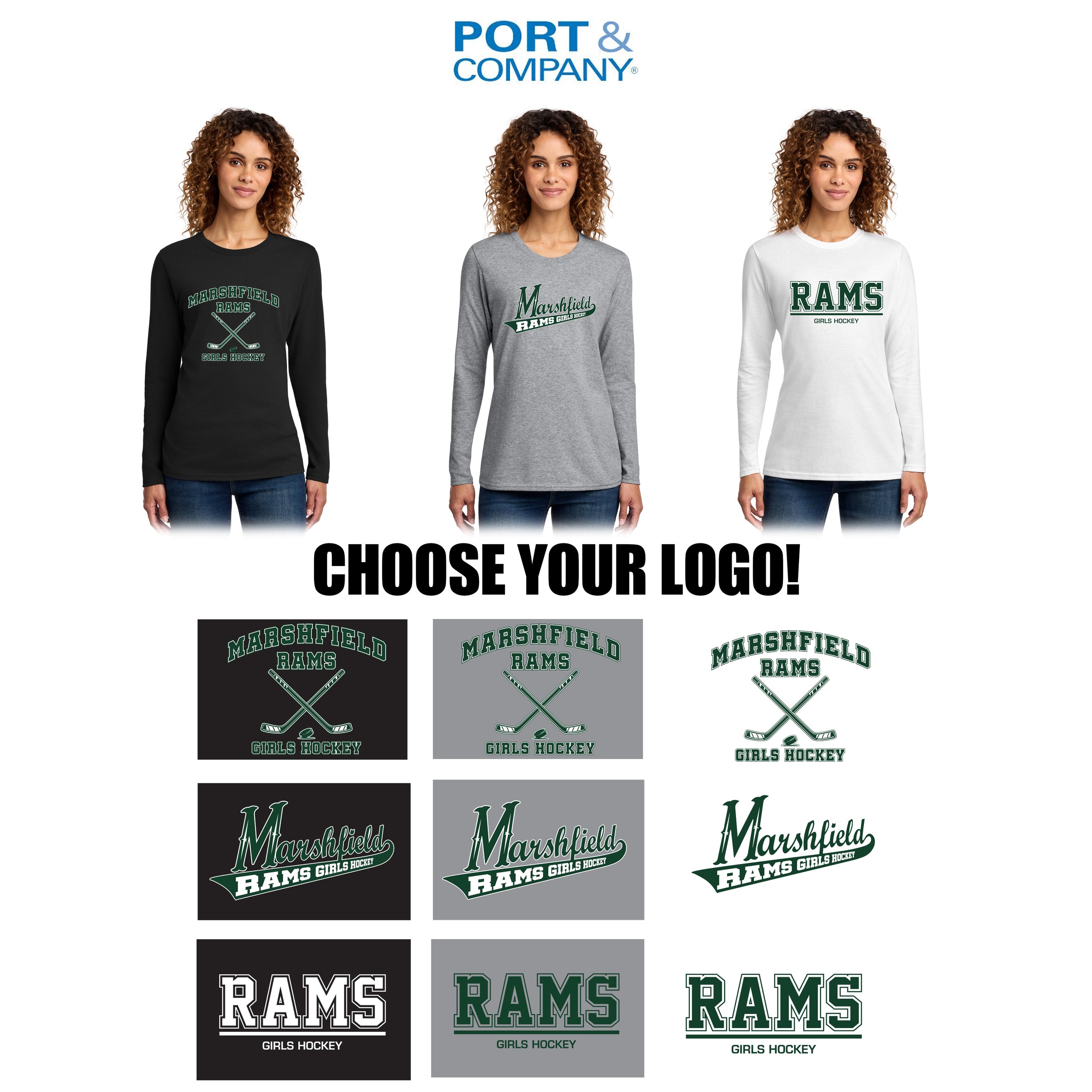 Marshfield High School Girls Hockey Port & Co™ Women's Long Sleeve Core Cotton Tee, Women’s Fit, #LPC54LS