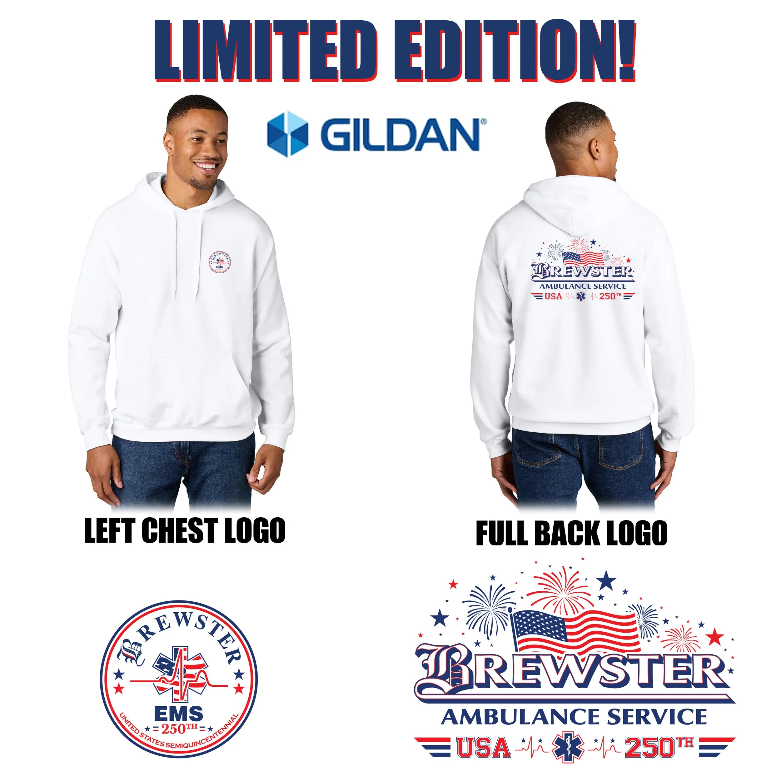 Brewster Ambulance Limited Edition Sweastshirt- USA's 250th Semiquincentennial Celebration Gildan® Softstyle® Midweight Pullover Hooded Sweatshirt, Men’s/Adult Unisex Fit, #SF500
