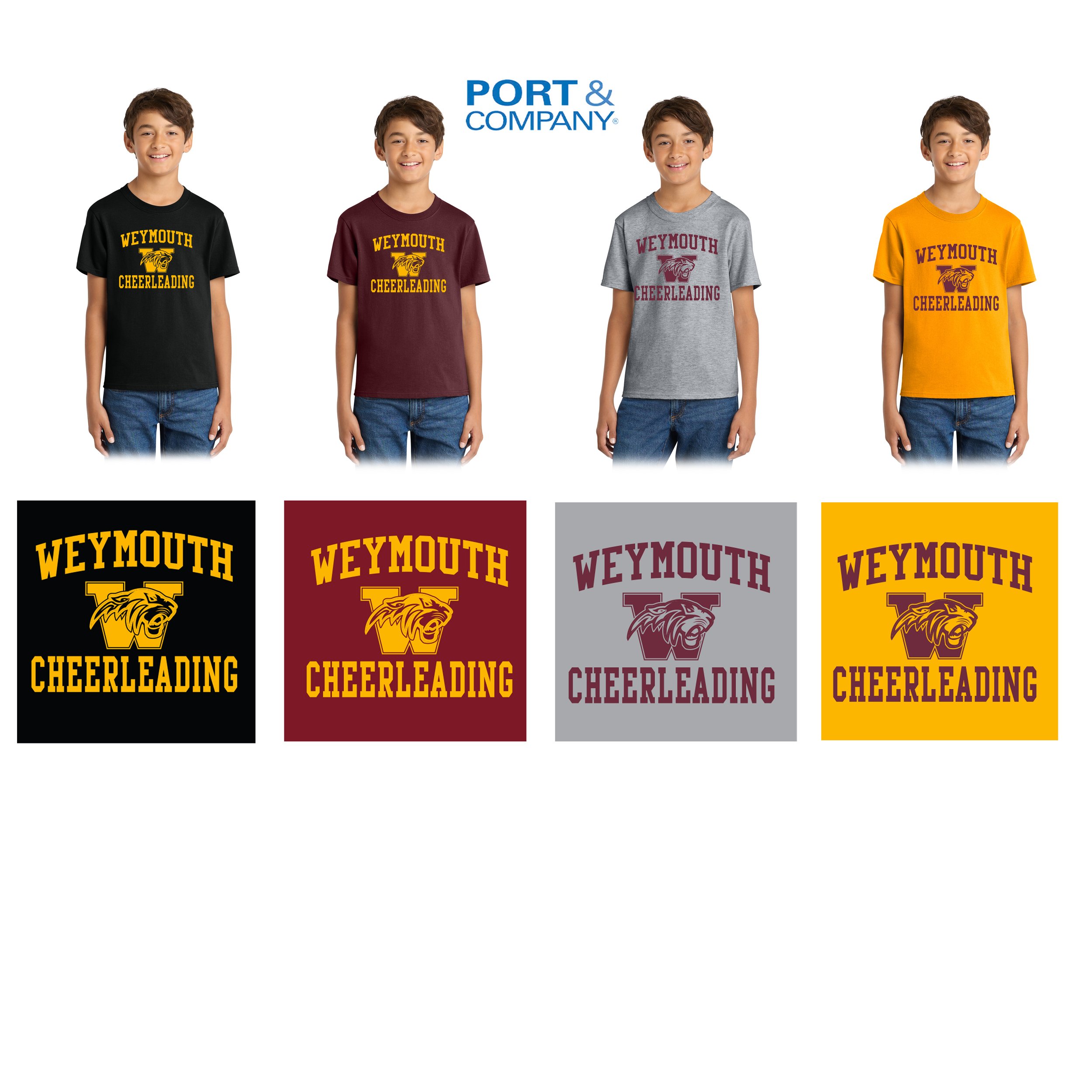 Weymouth Youth Cheer Port & Co® Youth Core Cotton Tee, Youth Unisex Fit, #PC54Y