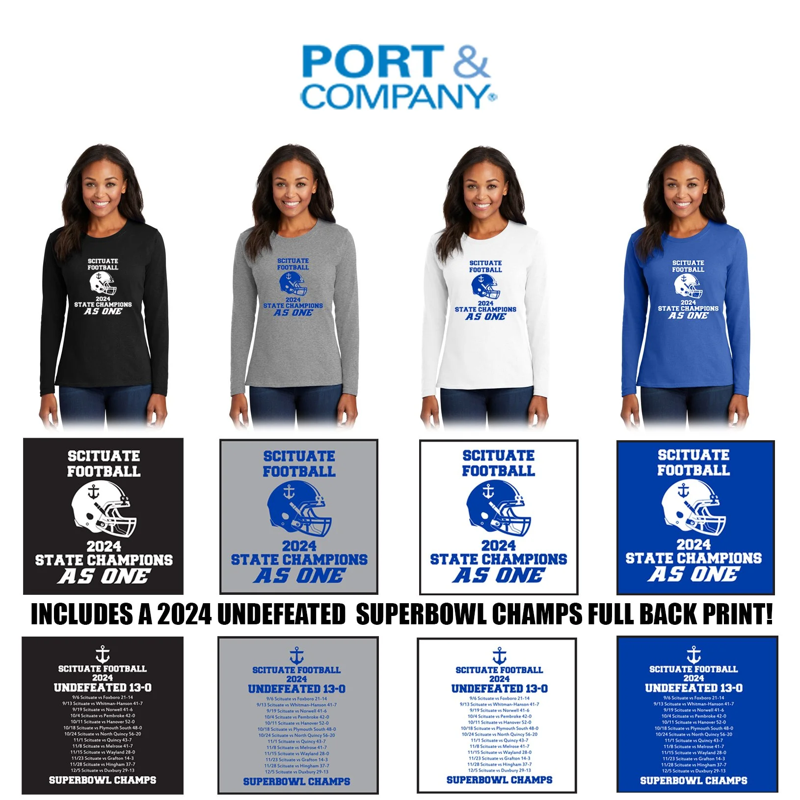 Scituate High School Football Boosters Port & Company® Women's Long Sleeve Core Cotton Tee #LPC54LS, 2024 Champions Logo