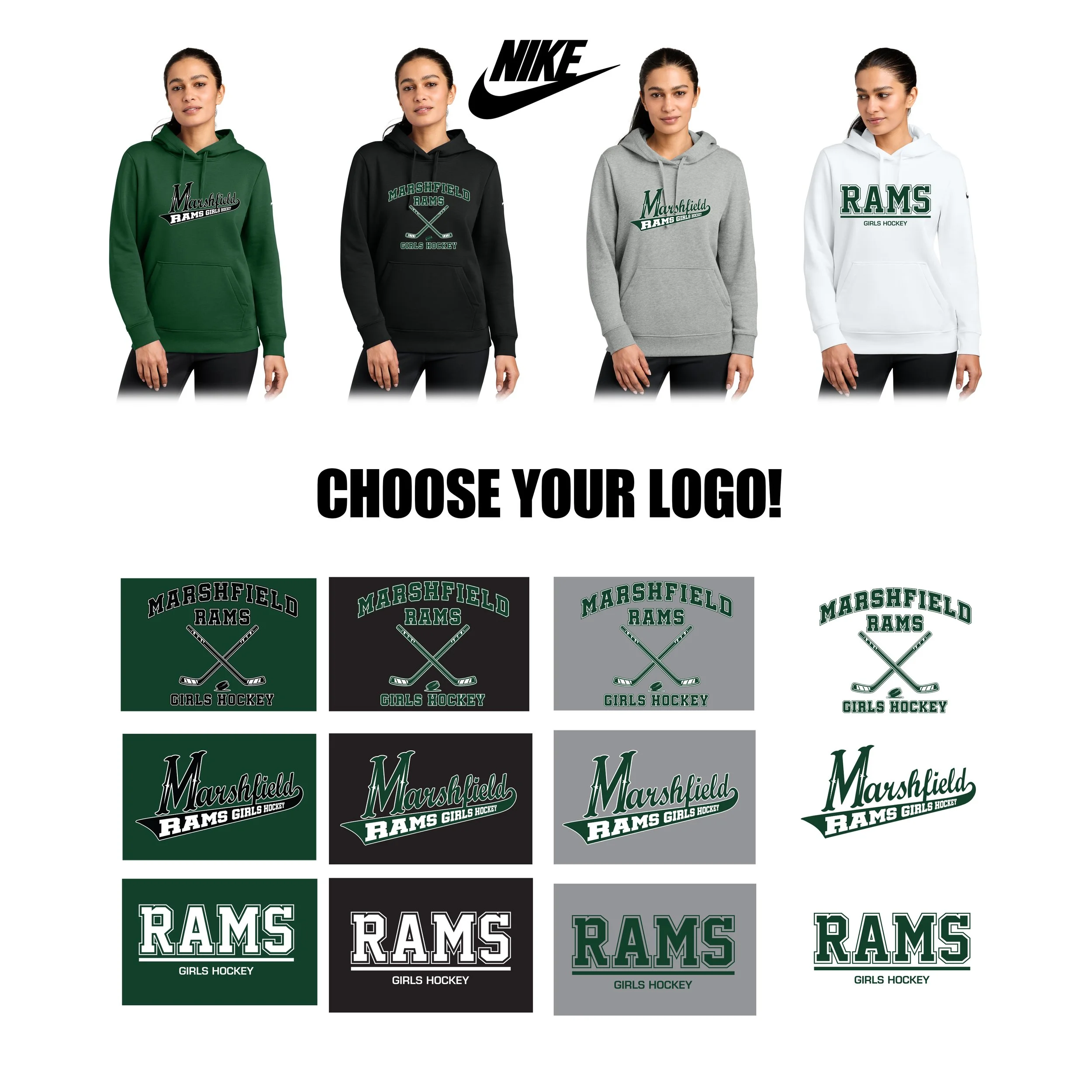 Marshfield High School Girls Hockey Nike Women's Club Fleece Sleeve Swoosh Pullover Hoodie, Women’s Cut, #NKFD9889