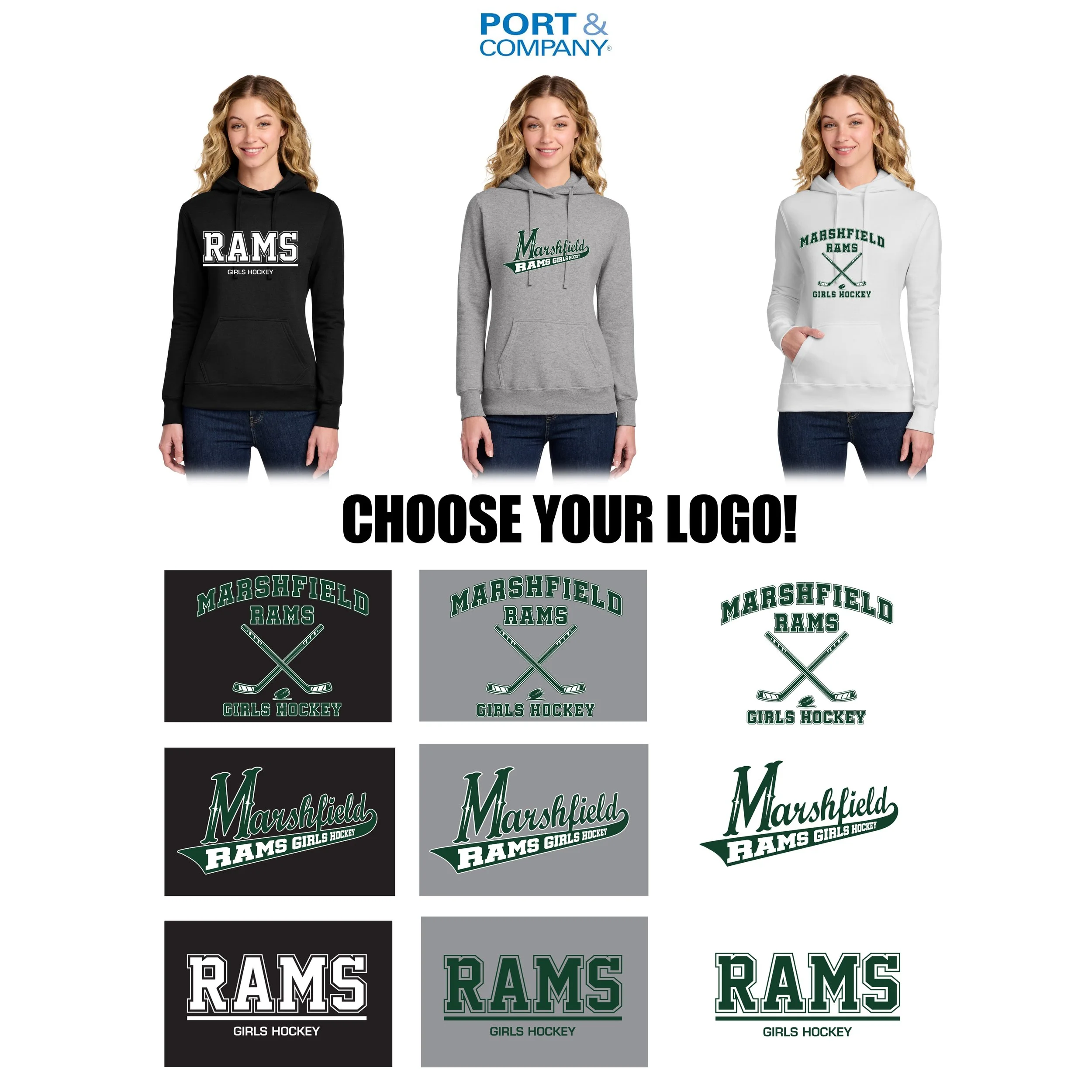 Marshfield High School Girls Hockey Port & Co™ Women's Core Fleece Pullover Hooded Sweatshirt, Women’s Cut,  #LPC78H