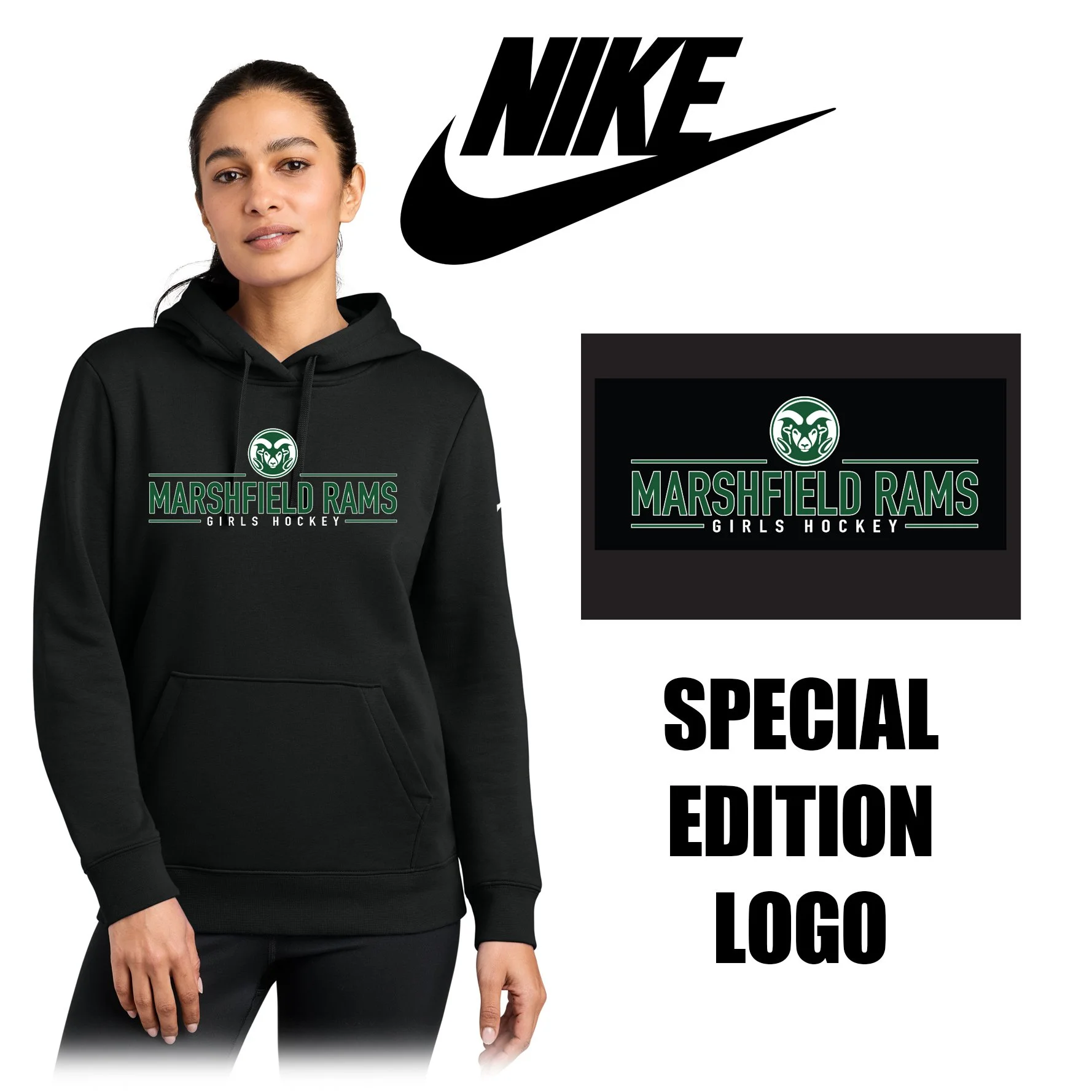 Marshfield High School Girls Hockey Nike Women's Club Fleece Sleeve Swoosh Pullover Hoodie, Women’s Cut, SPECIAL EDITION, #NKFD9889