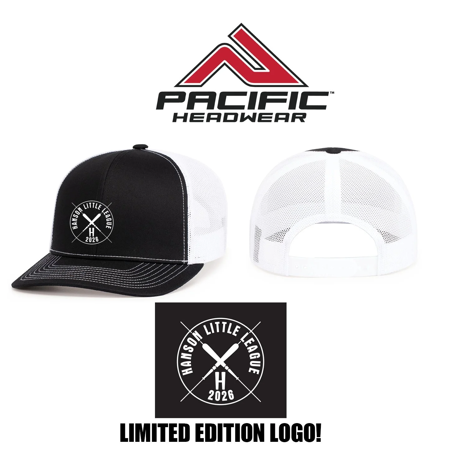 Hanson Little League Pacific Headwear Contrast Stitch Trucker SnapBack Cap, Black/White/Black, LIMITED EDITION 2026 LOGO, #104S