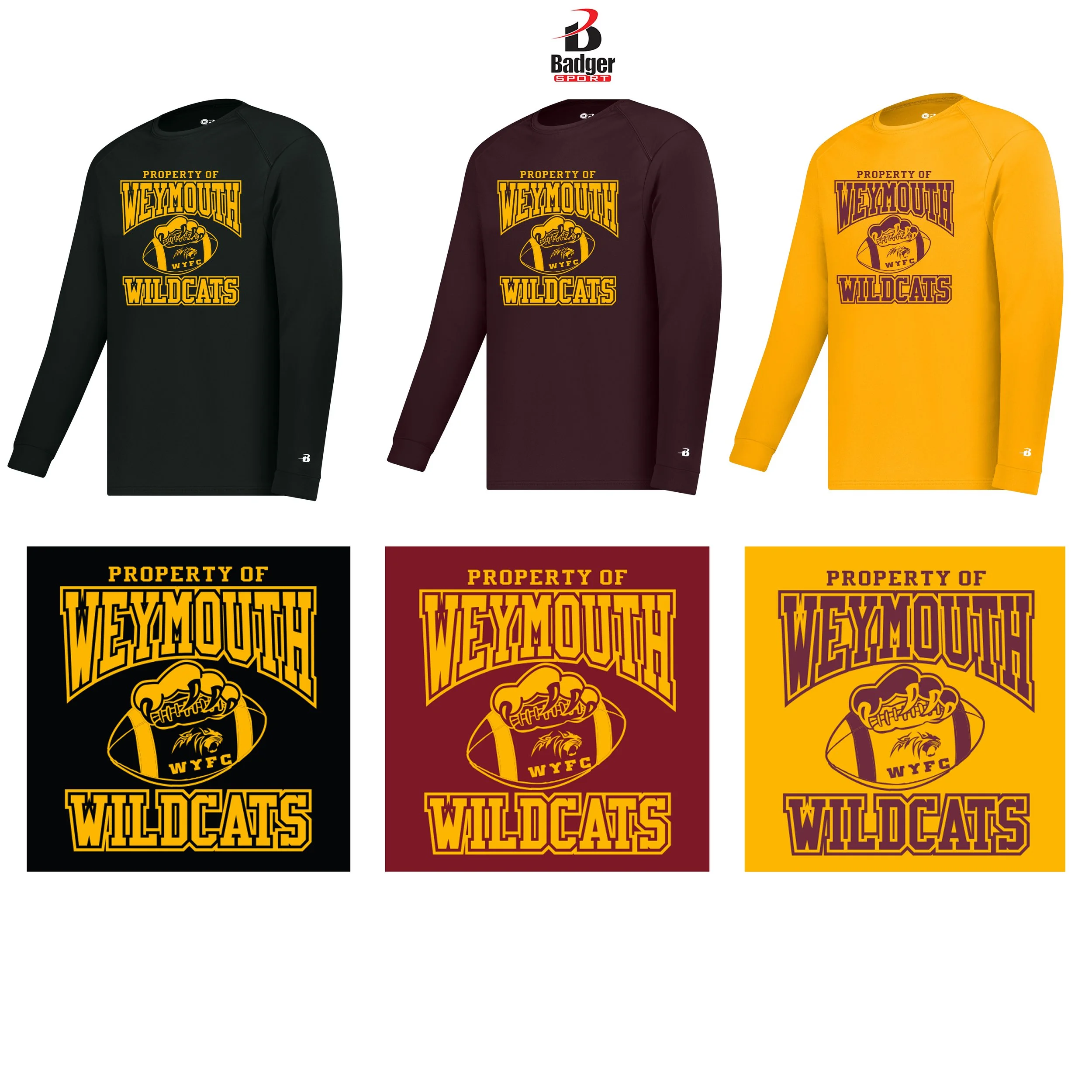 Weymouth Youth Football Badger Sport B-Core Long Sleeve Tee, Adult Unisex/Men’s Fit, #410400