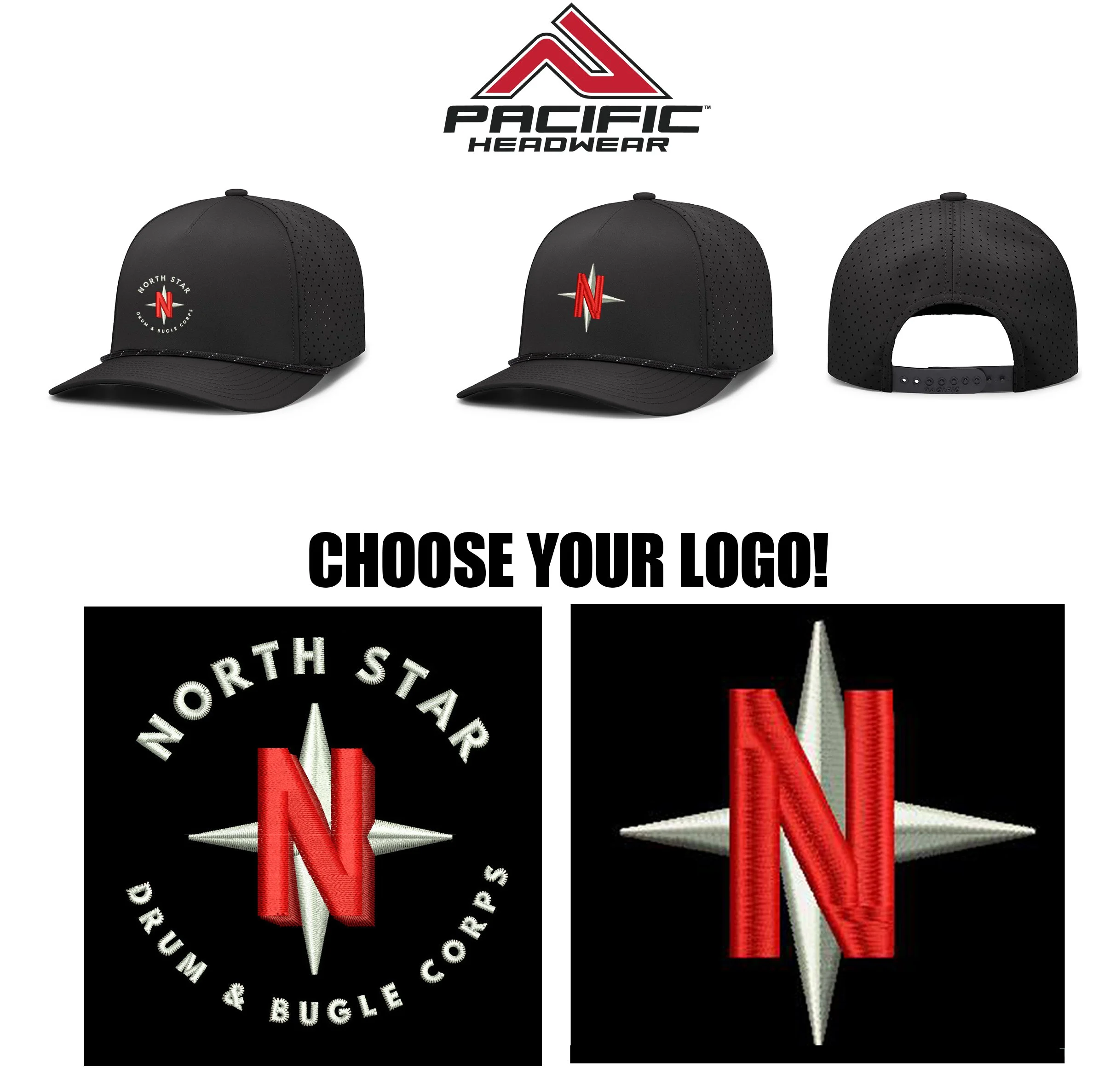 North Star Drum & Bugle Corps Pacific Headwear Weekender Perforated Snapback Cap, Black/Black/White, #P424
