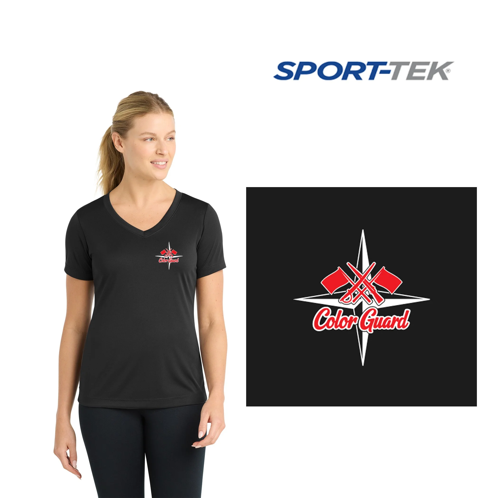 North Star Drum & Bugle Corps Sport-Tek® Women's PosiCharge® Competitor™ V-Neck Tee, COLOR GUARD LOGO, Women’s Fit, #LST353