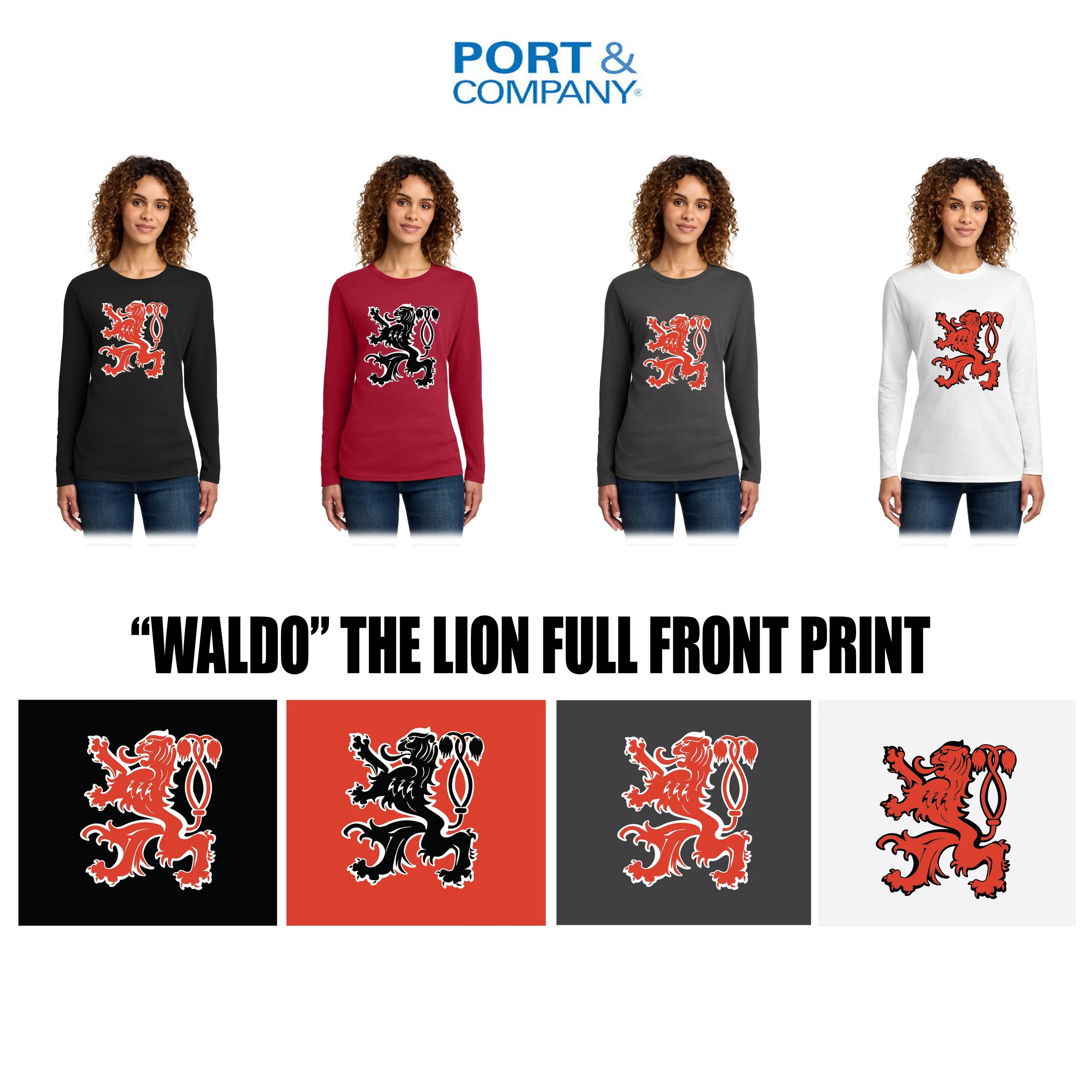 Crusaders Sr. Corps Port & Co™ Women's Long Sleeve Core Cotton Tee, “WALDO” Large Lion version, Women’s Fit, #LPC54LS