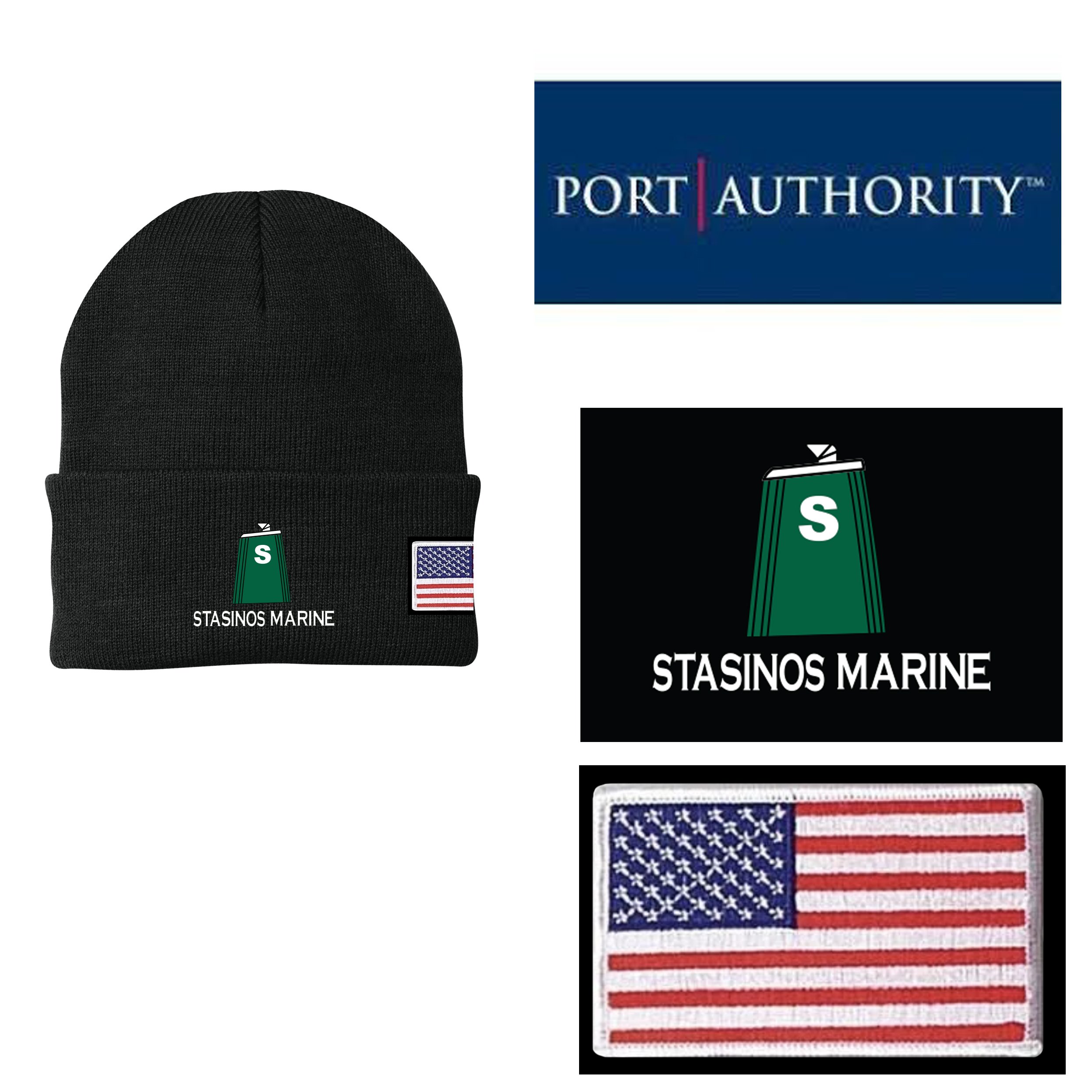 Stasinos Marine Port Authority® Knit Cap, FLAG IMPRINT INCLUDED, Black, #CP90