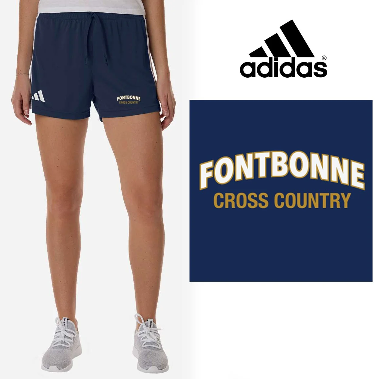 Fontbonne Academy Cross Country Adidas Women's 3-Stripes 3" Shorts, Women’s Fit, #AT301
