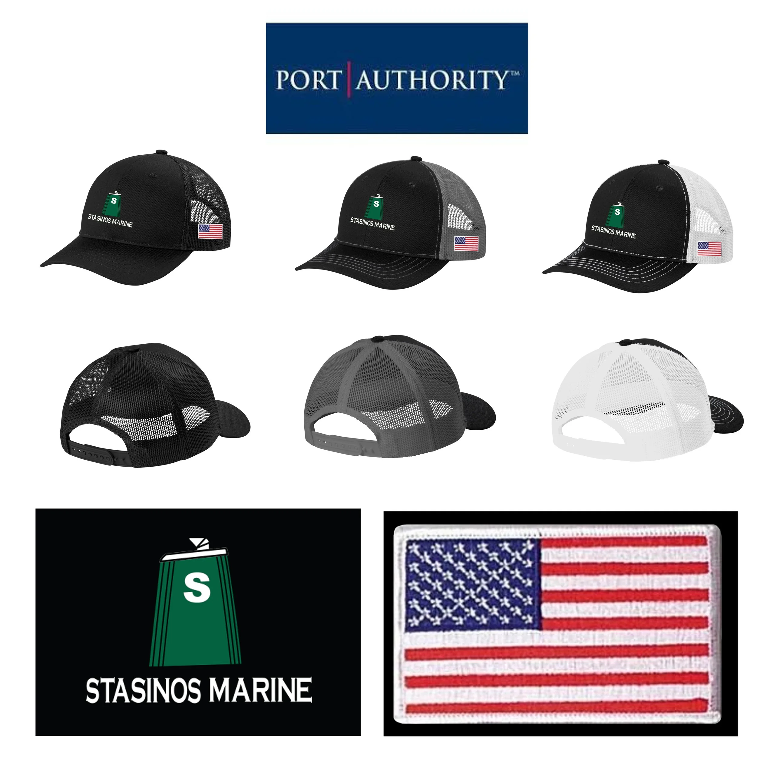 Stasinos Marine Port Authority® Youth Snapback Trucker Cap, AMERICAN FLAG IMPRINT INCLUDED, YOUTH FIT, #YC402