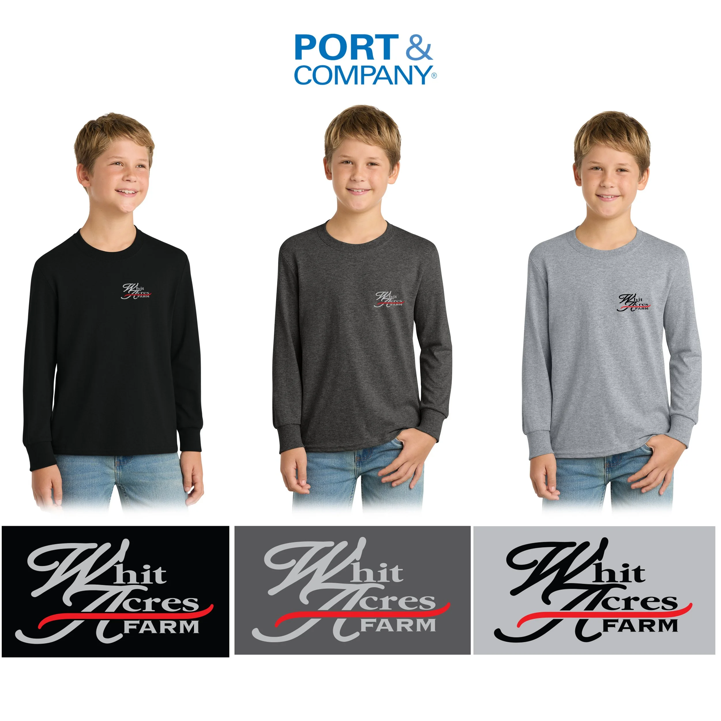 Whit Acres Farm Port & Co™ Youth Long Sleeve Core Cotton Tee, Youth Unisex Fit, #PC54YLS