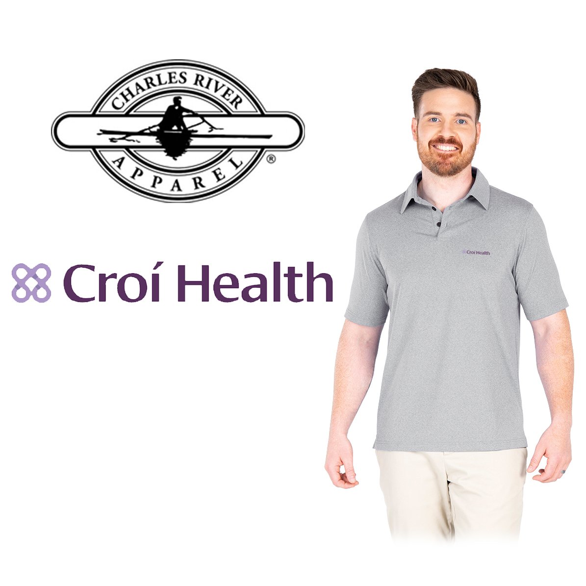 Croí Health Charles River Men's Heathered Eco-Logic Stretch Polo, Men’s Fit, #3318
