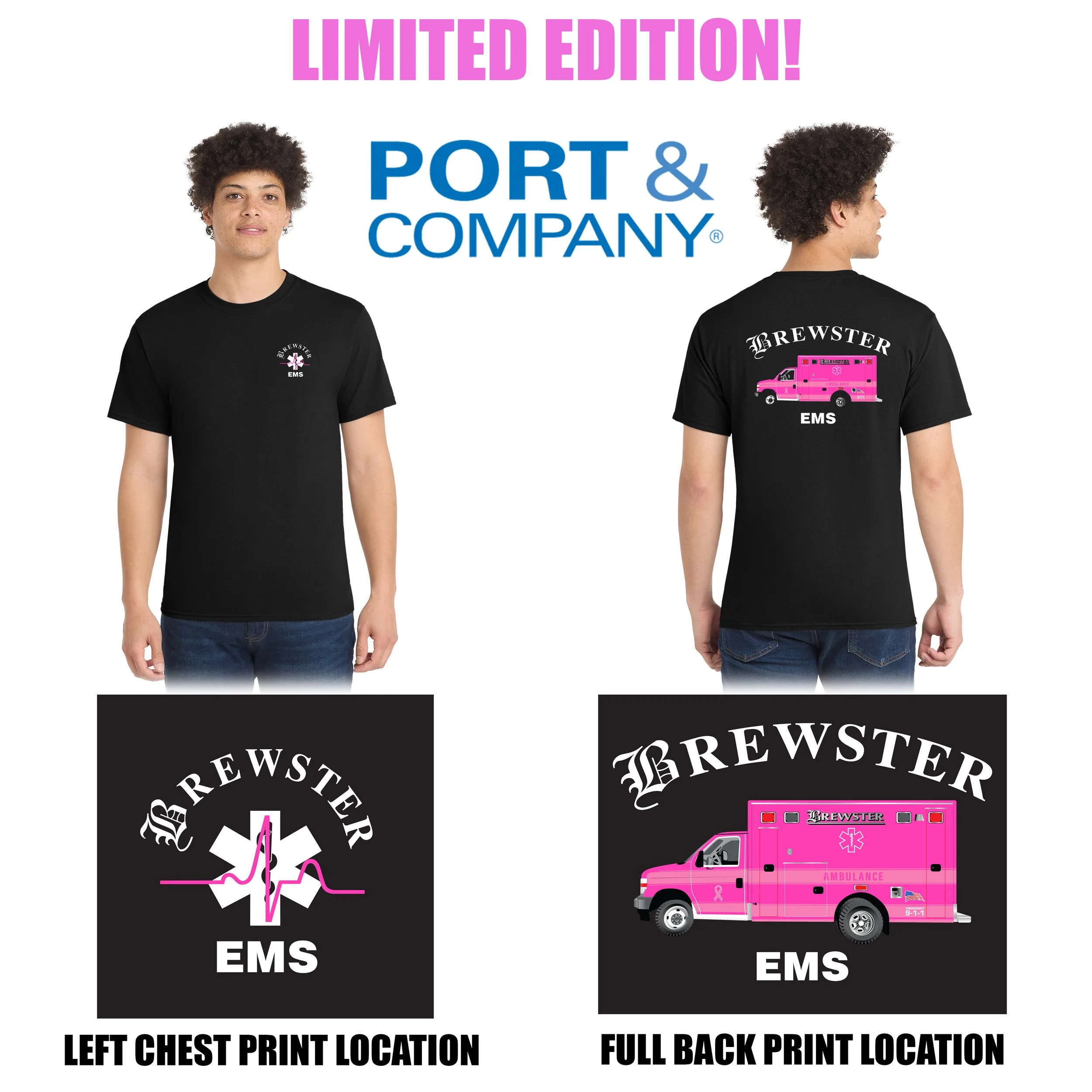 Brewster Ambulance Limited edition Tee- Port & Co® Core Blend Tee, Adult Unisex/Men’s Fit, LIMITED EDITION PINK OCTOBER TEE (Breast Cancer Awareness), #PC55