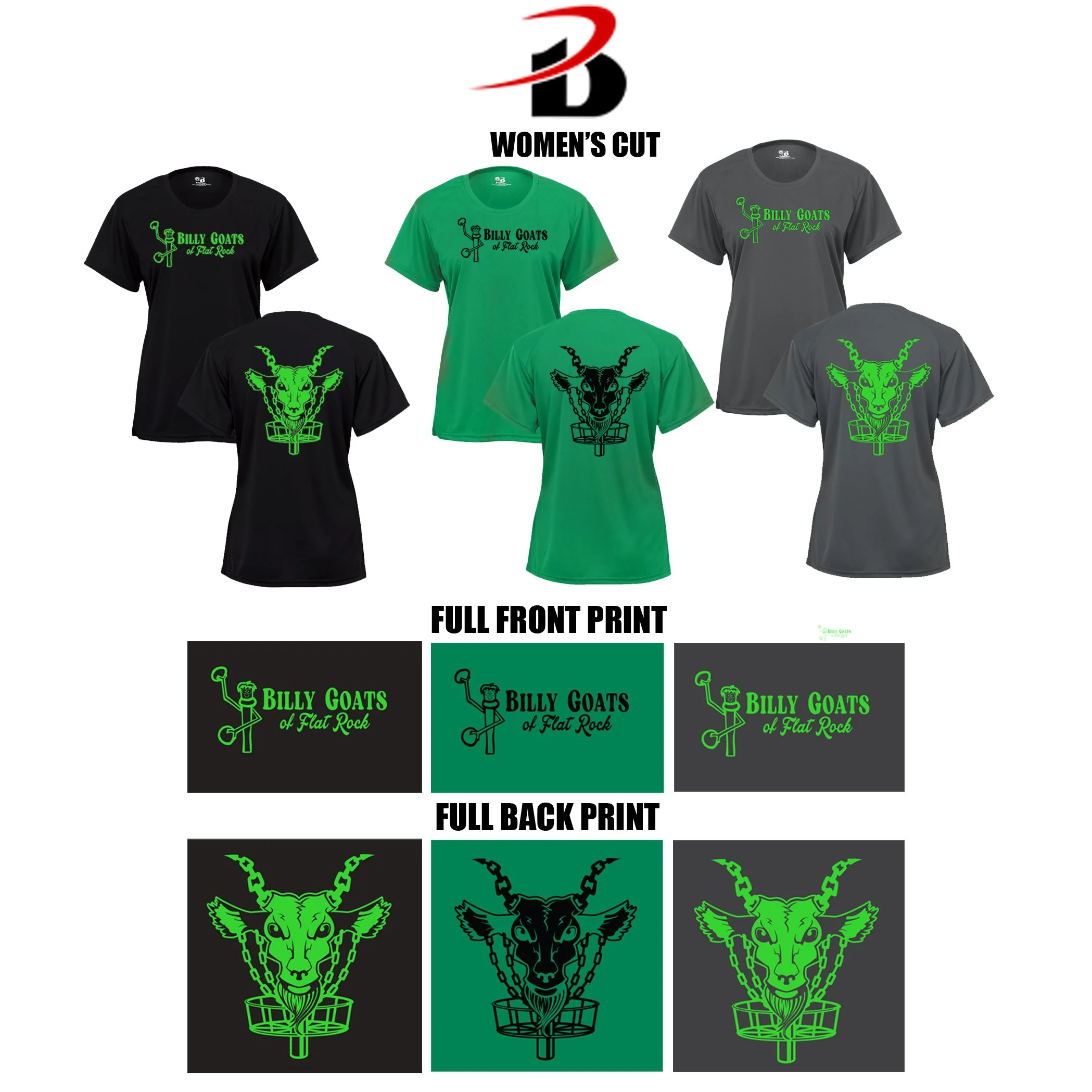 Flat Rock Billy Goats Disc Golf Badger B-Core Woman’s Short Sleeve Tee, Version 2,  Ladies Fit, #416000