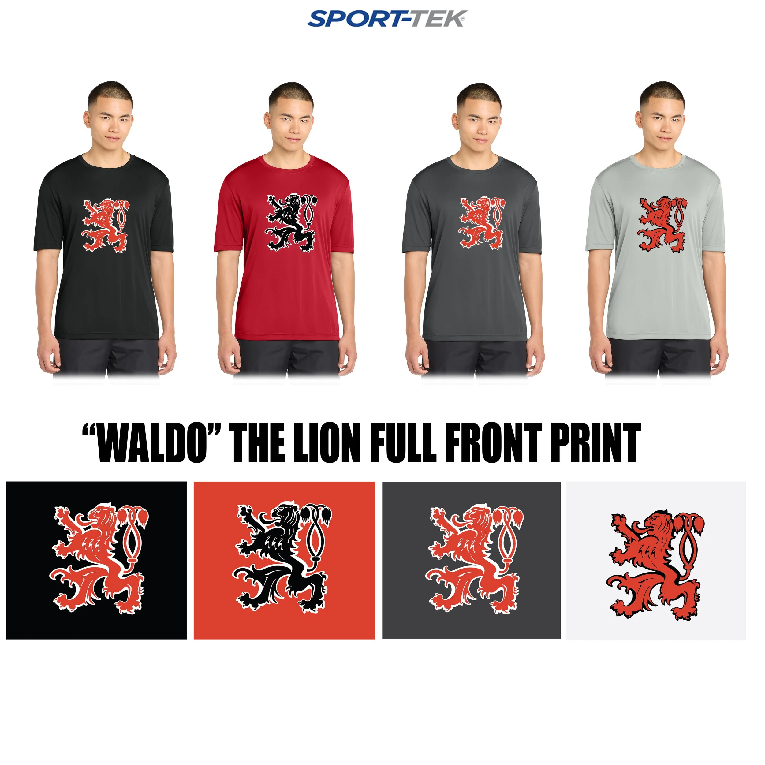 Crusaders Sr. Corps Sport-Tek® PosiCharge® Competitor™ Tee, “WALDO” Large Lion version, Adult Unisex/Men’s Fit, #ST350