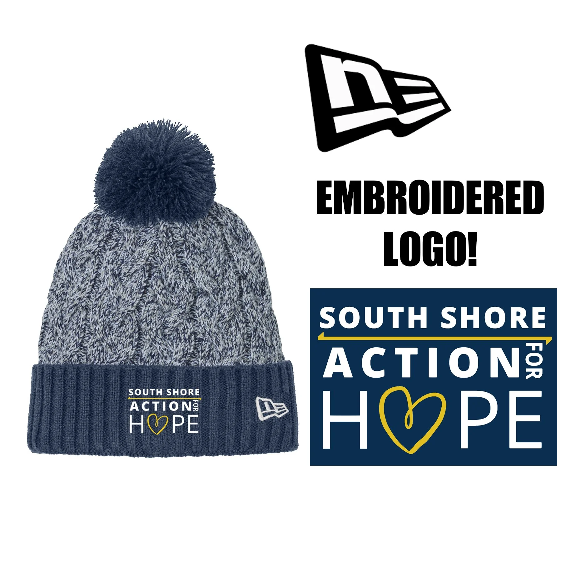 South Shore Action For Hope New Era® Marled Knit Pom Beanie, Deep Navy/Grey/White, #NE910