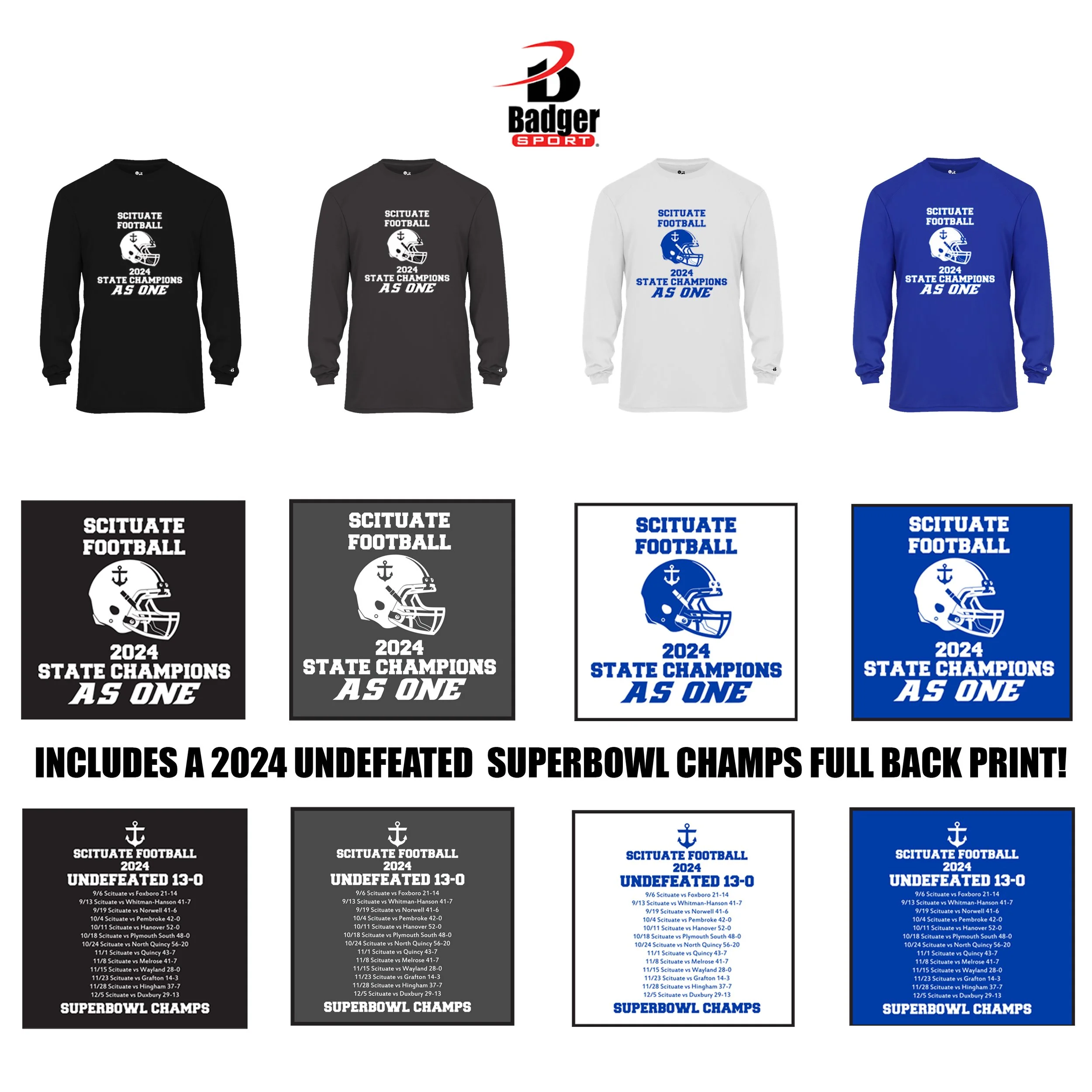 Scituate High School Football Boosters Badger B-Core Long Sleeve Youth Performance Tee, #210400, 2024 Champions Logo