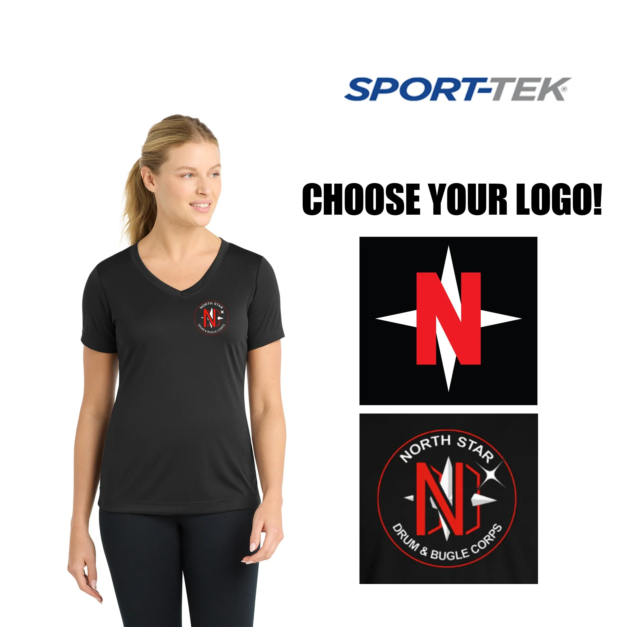 North Star Drum & Bugle Corps Sport-Tek® Women's PosiCharge® Competitor™ V-Neck Tee, 2 Color Print, Women’s Fit, #LST353