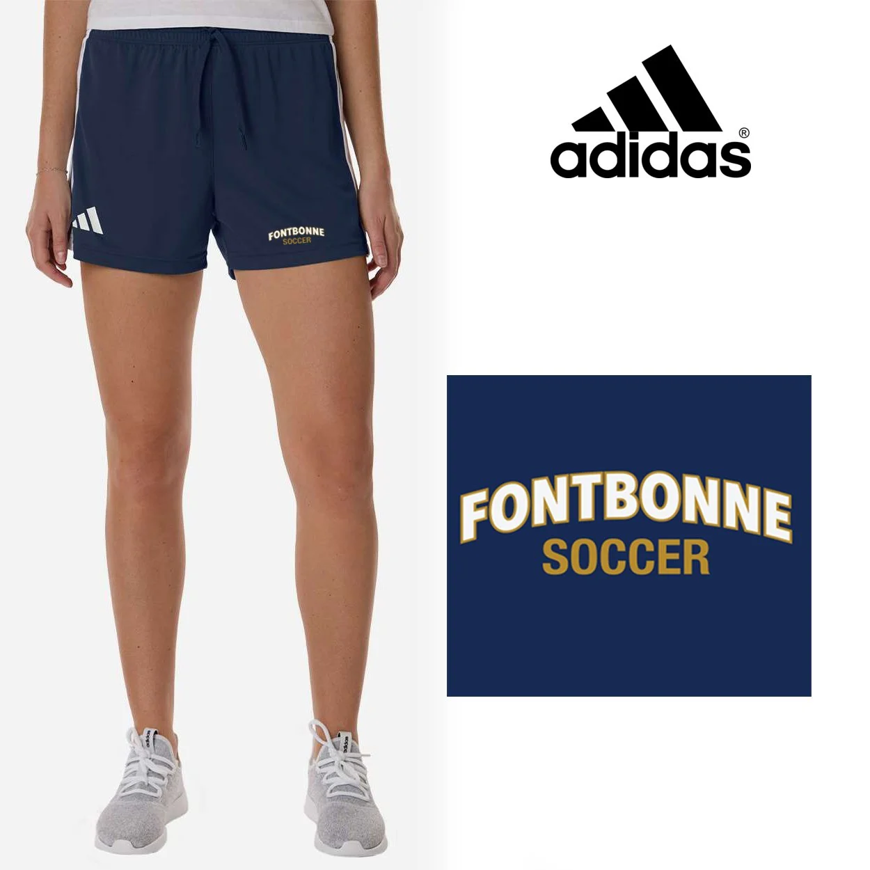 Fontbonne Academy Soccer Adidas Women's 3-Stripes 3" Shorts, Women’s Fit, #AT301