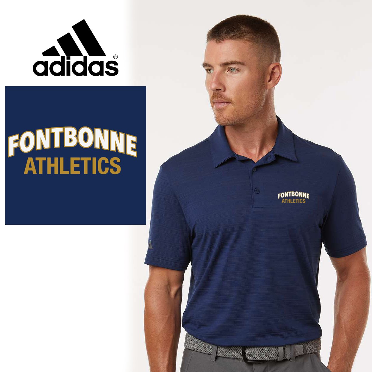 Fontbonne Academy Athletics Adidas Men's Textured Stripe Polo, Men’s/Adult Unisex Fit, #A704
