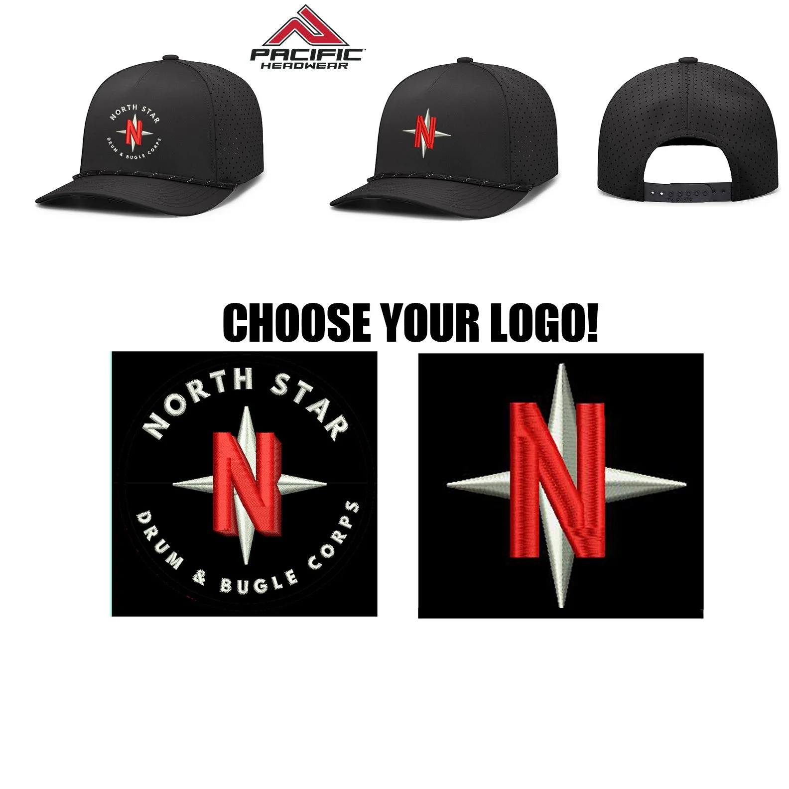 North Star Drum & Bugle Corps Pacific Headwear Weekender Perforated Snapback Cap, Black/Black/White, #P424