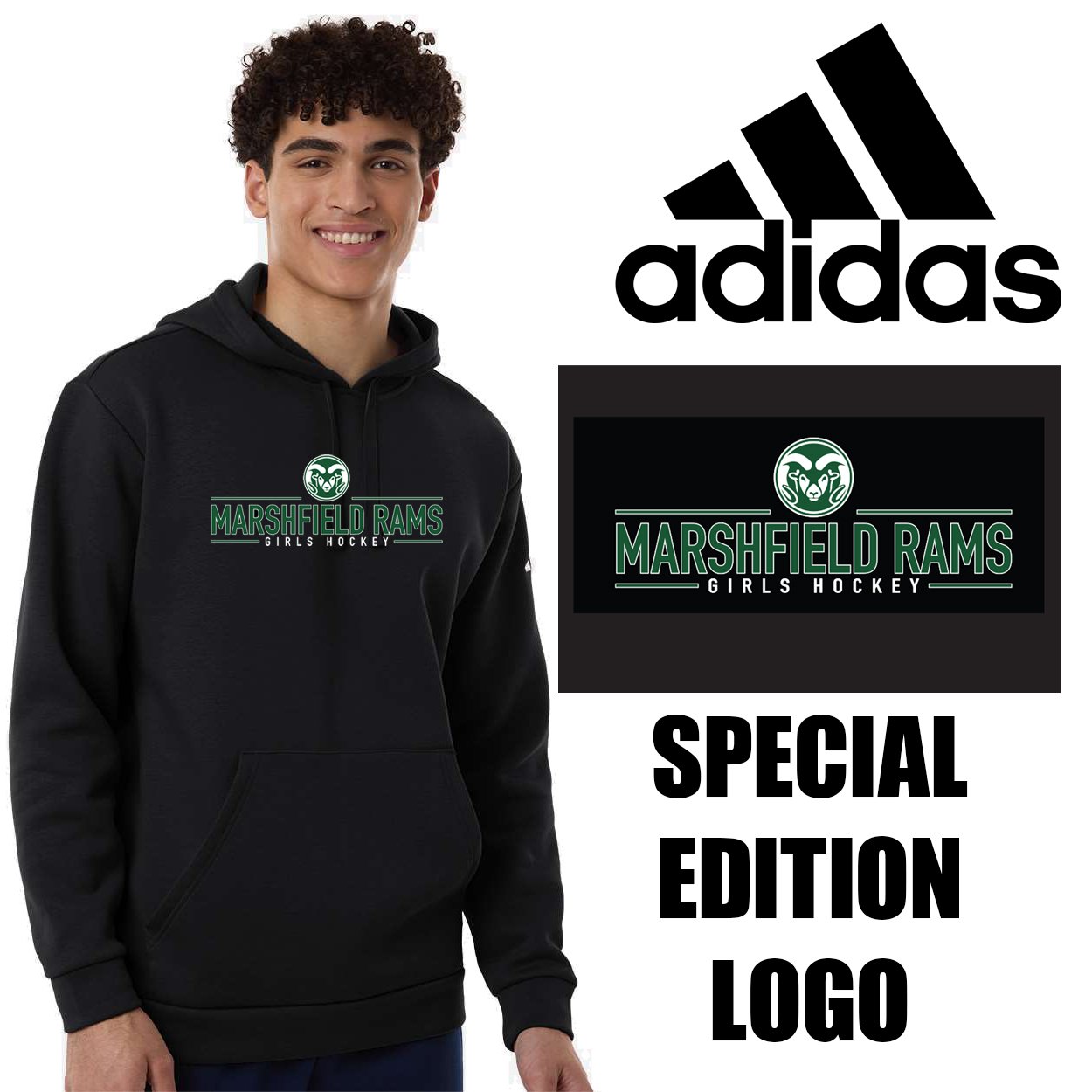 Marshfield High School Girls Hockey Adidas Men's Fleece Hooded Sweatshirt, Men’s/Adult Unisex Fit, SPECIAL EDITION, #AT203