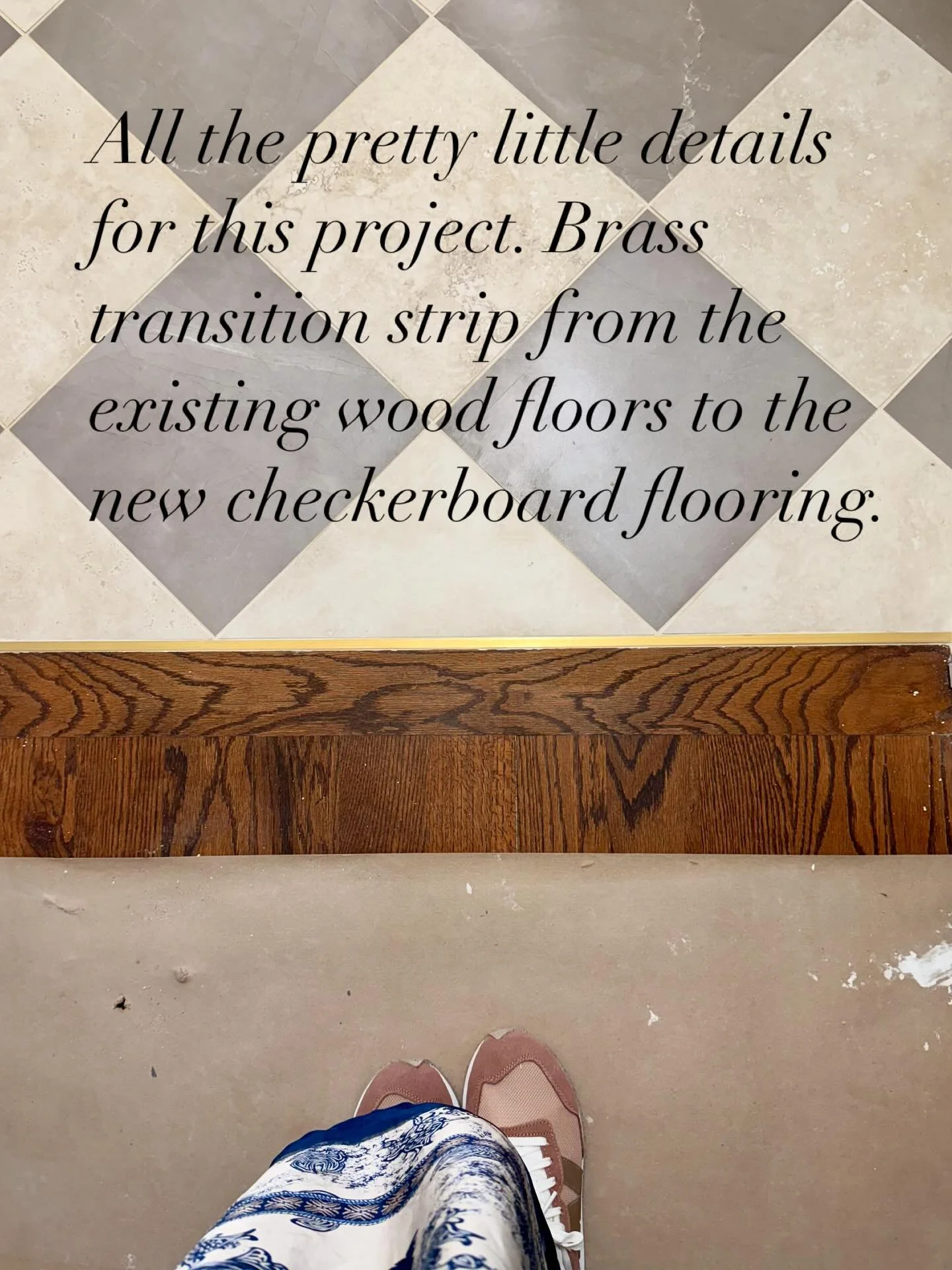 All the thoughtful little details are coming together on this project &mdash; including our decision to use a brass transition strip to seamlessly bridge the existing wood floors with the new checkerboard tile. #interiors #interiordesign #designdetai