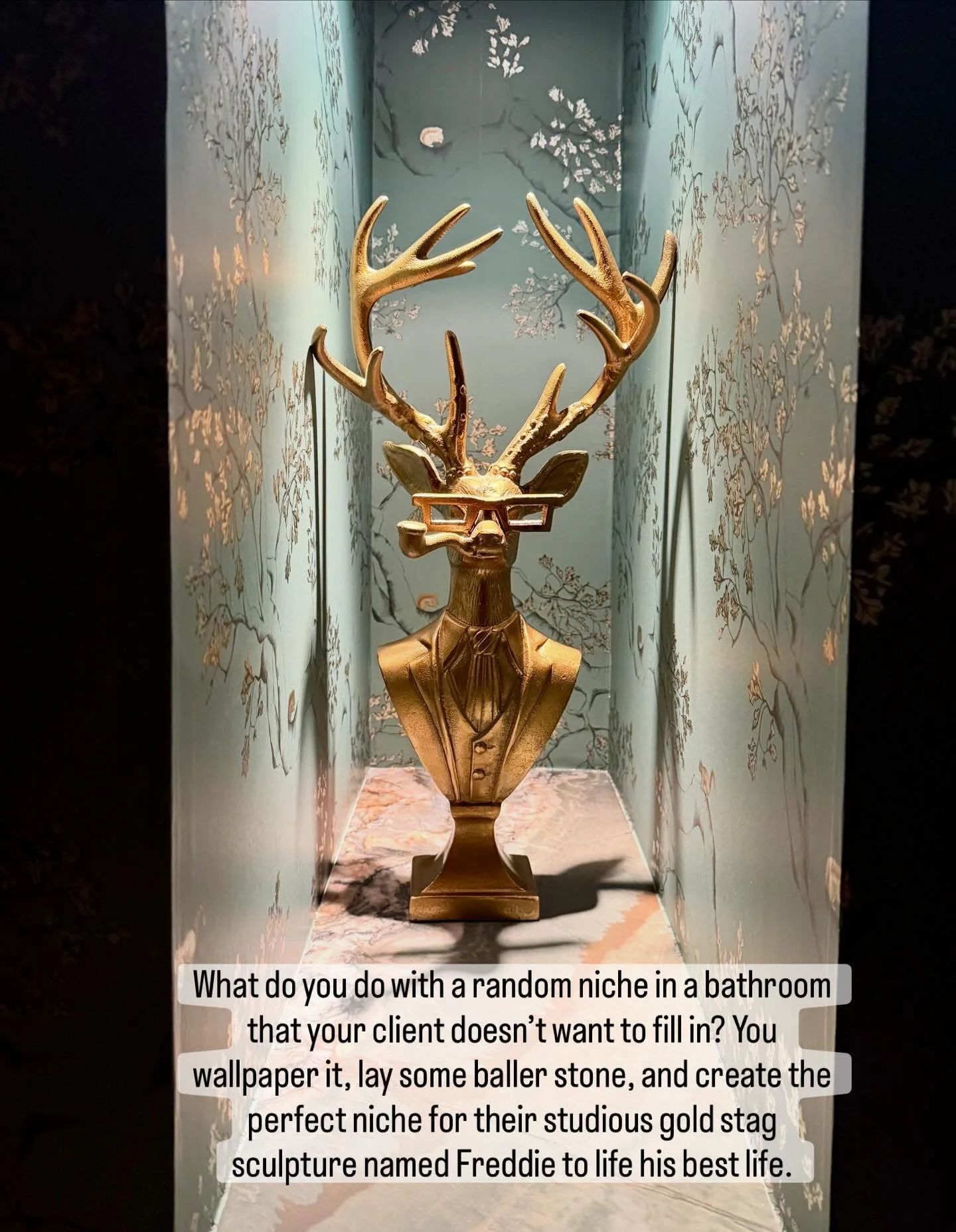 Freddie&rsquo;s living his best life in the spotlight. #interiorstyling #mountainliving #playfulinteriors #bathdesign