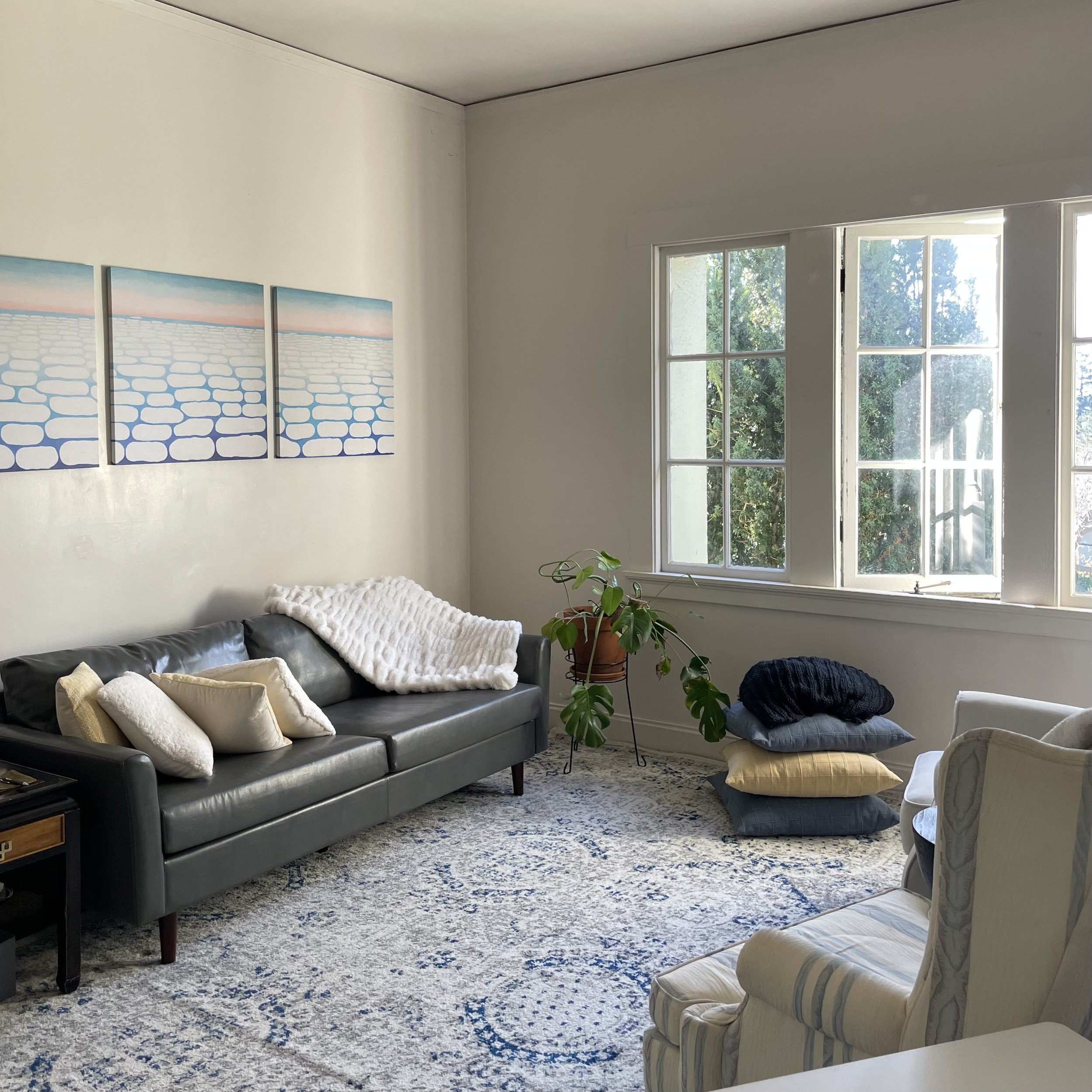 Therapy room with couch and windows