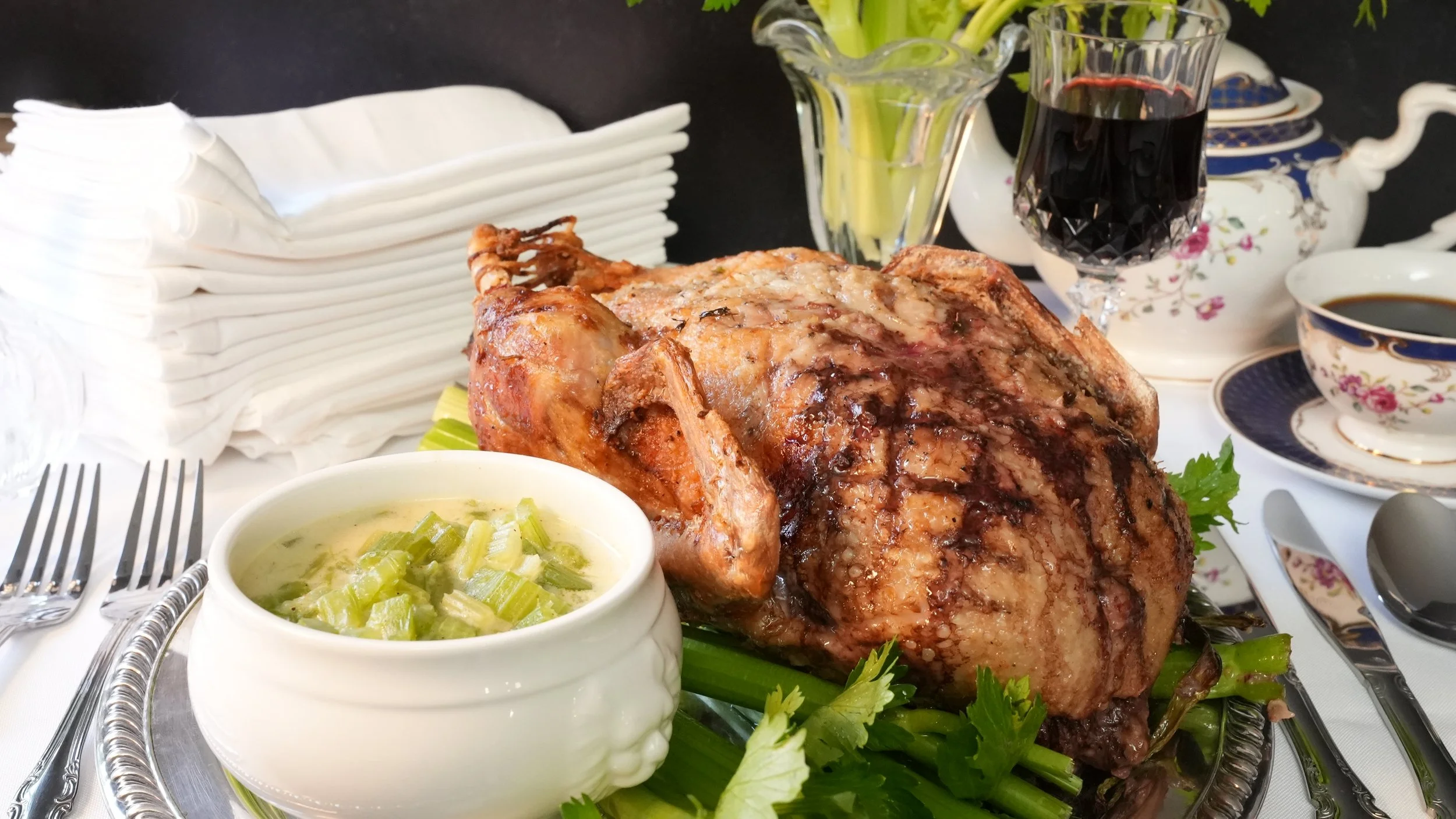 whole roast duck with creamy celery sauce 2 dozen napkins and wine