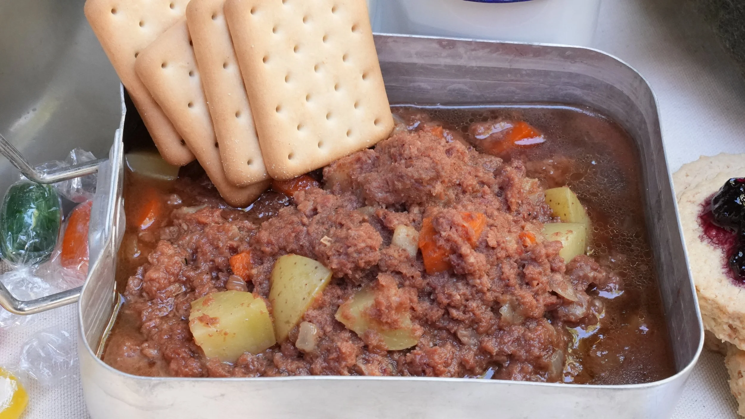 mushy canned corned beef stewed with onion