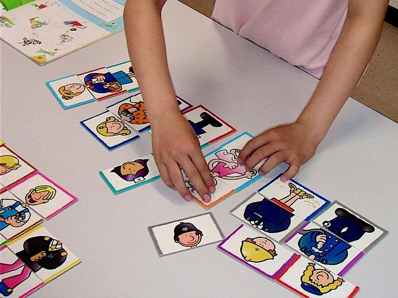 Anonymous student plays a jobs matching game with cards showing head, torso and legs.