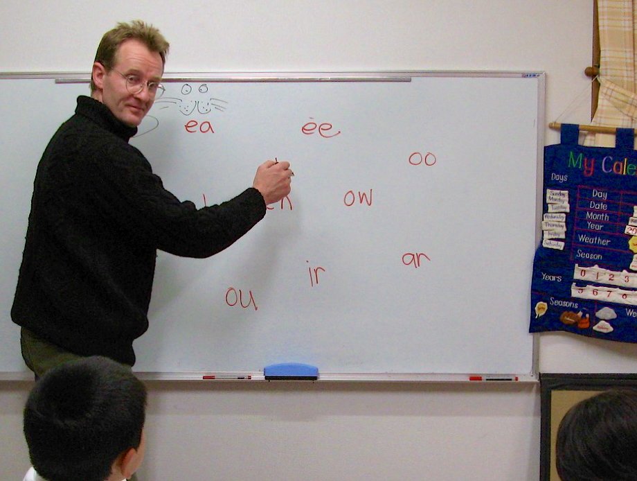 Teacher pointing to a collection of 2 letter combinations practicing phonics reading.