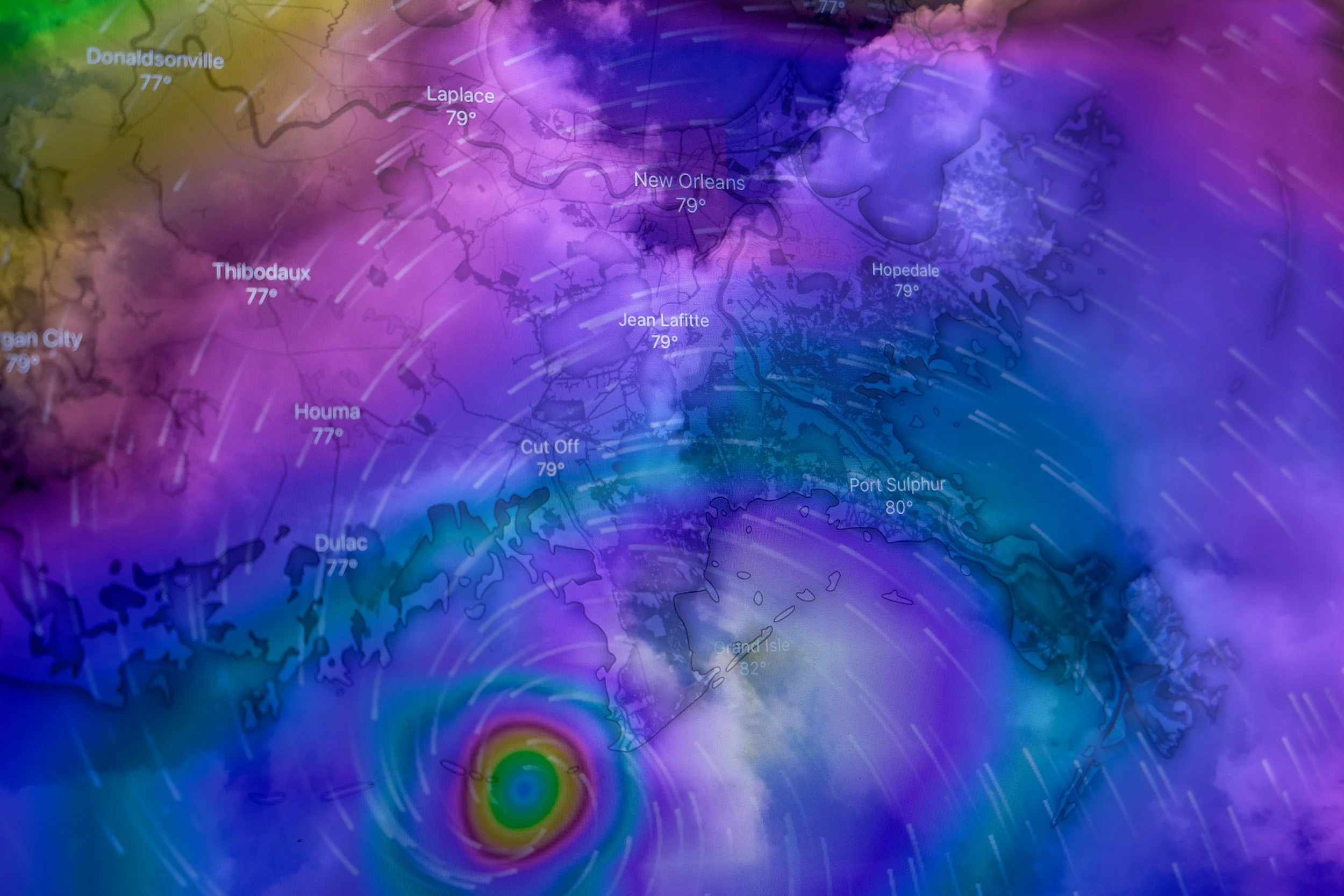 A weather visualisation over New Orleans which shows wind speed and intensity of the storm, because talking about the weather felt like something easy to visualise.