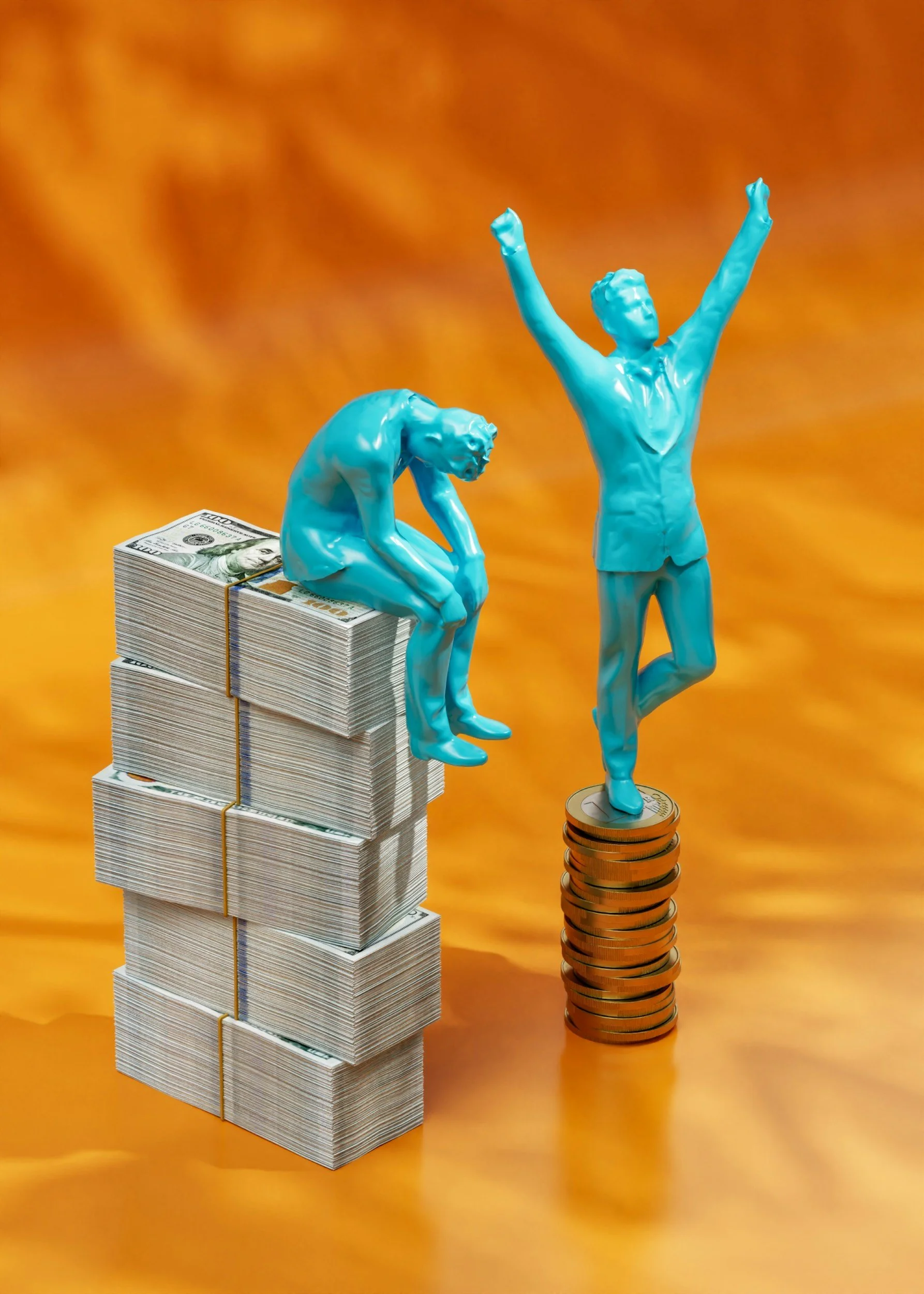 A figure of a man sits on a big pile of cash, looking dejected, whereas another figure of a man stands on a smaller stack of coins, celebrating. This acts as an analogy for competitiveness being taken too far.