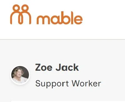 Logo for Mable and a support worker profile for Zoe Jack.