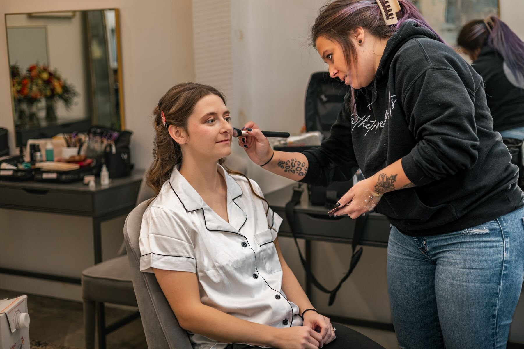 Wedding preparation inside a suite at Hope Lake Lodge