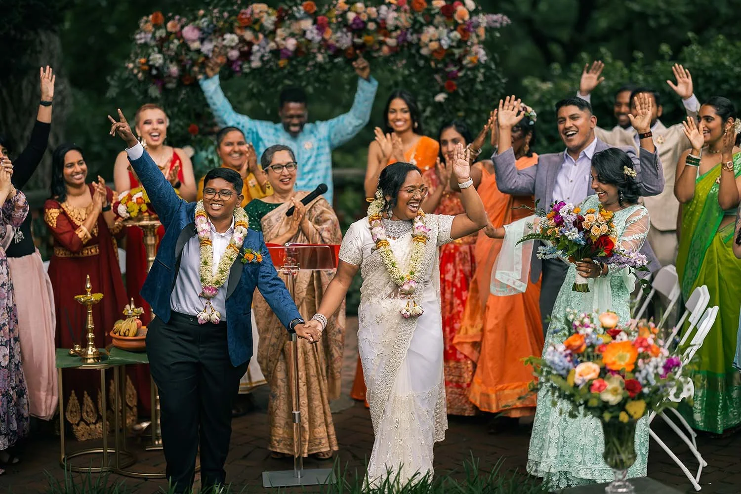 Hima and Alina celebrating during their colorful Philadelphia wedding