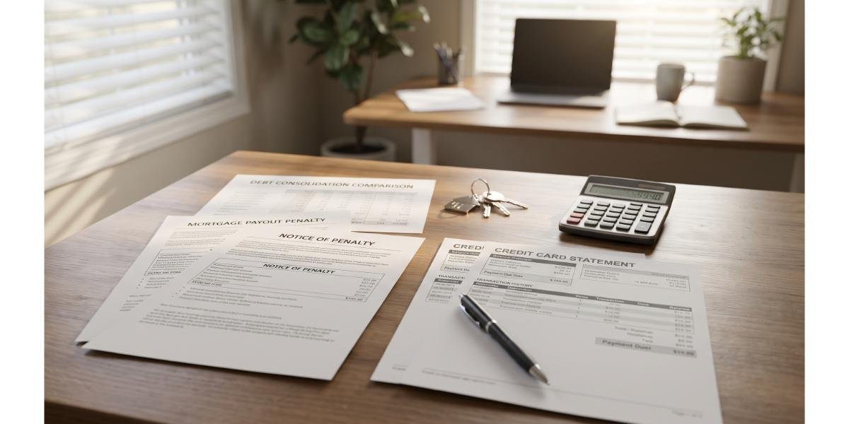 Reviewing mortgage penalty statements and debt consolidation worksheets when refinancing a Coquitlam home to pay off debt.