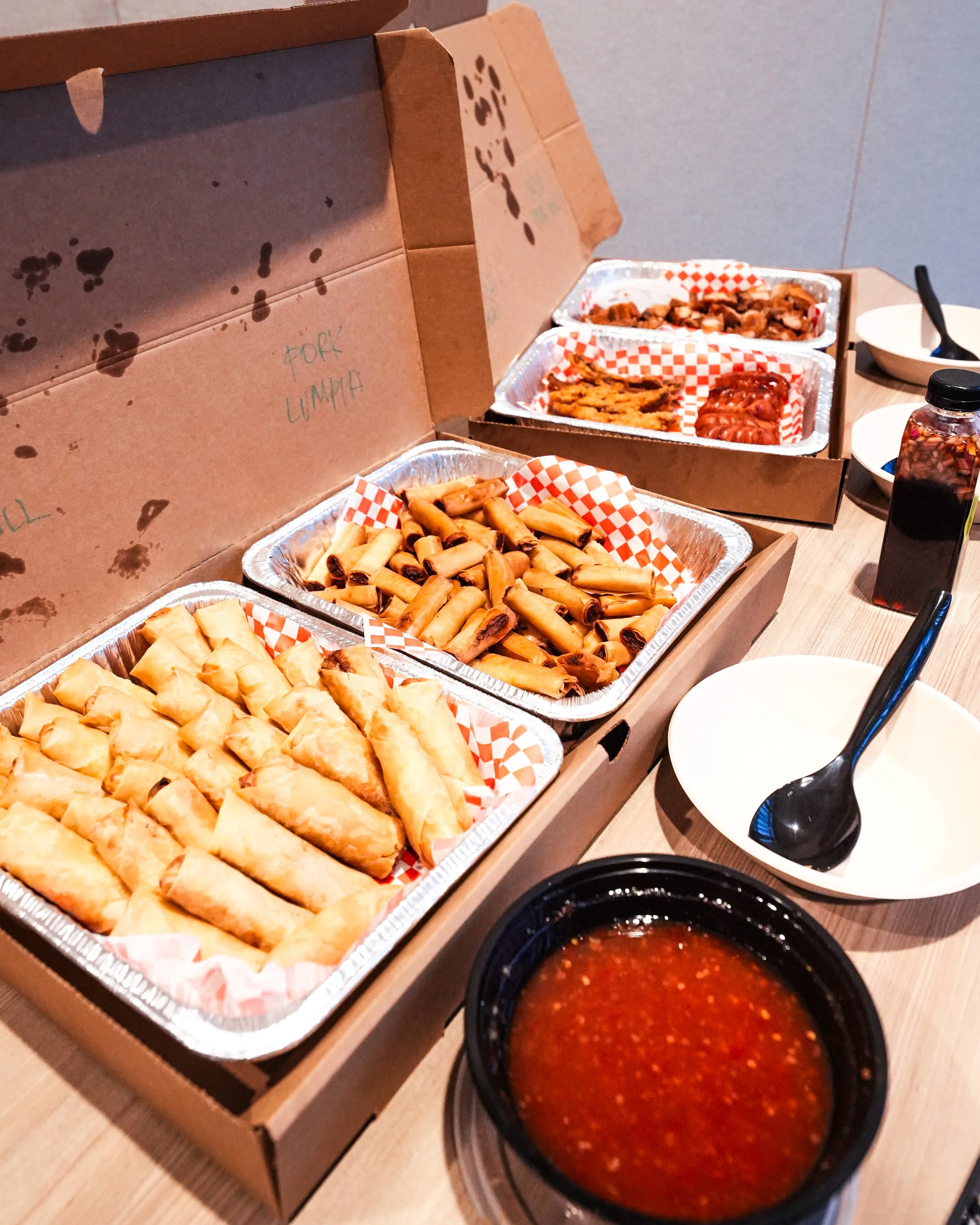 Filipino Food Catering, including a medium tray of Veggie Lumpia, Pork Lumpia and more