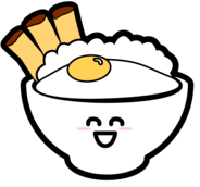 Janis filipino cusine logo. A smiling cartoon bowl of rice with a fried egg on top and 3 pieces of lumpia